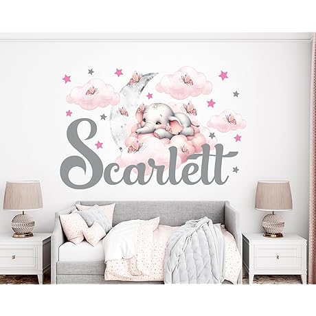 Personalized watercolor elephant on the pink clouds wall sticker