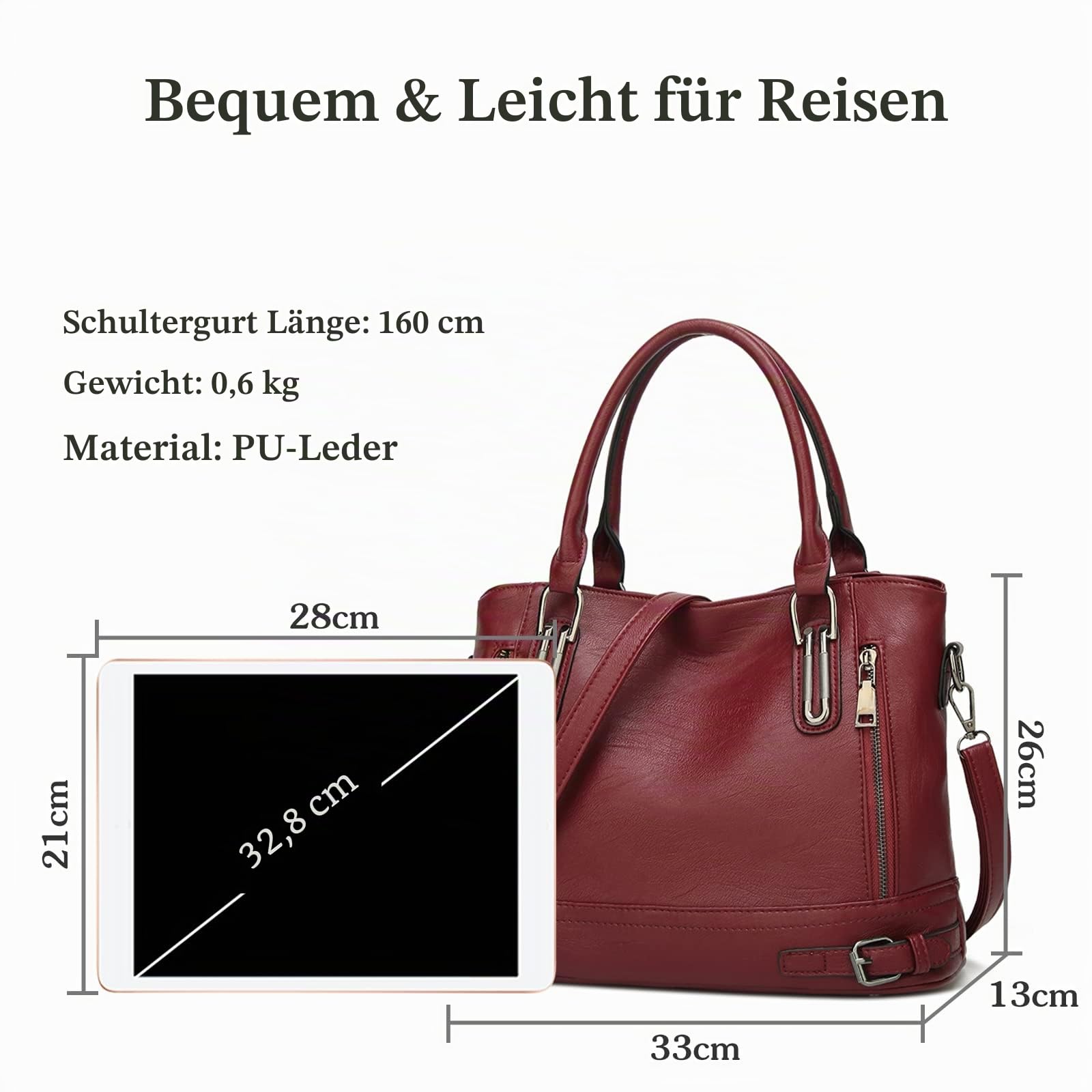 FANDARE Leichte Handtschasche Vintage Schultertasche Damen Umhängetasche Frauen Schulranzen PU Leder Wasserdicht für Shopper Reisen Arbeitstasche Messenger Tote Bags Weinrot