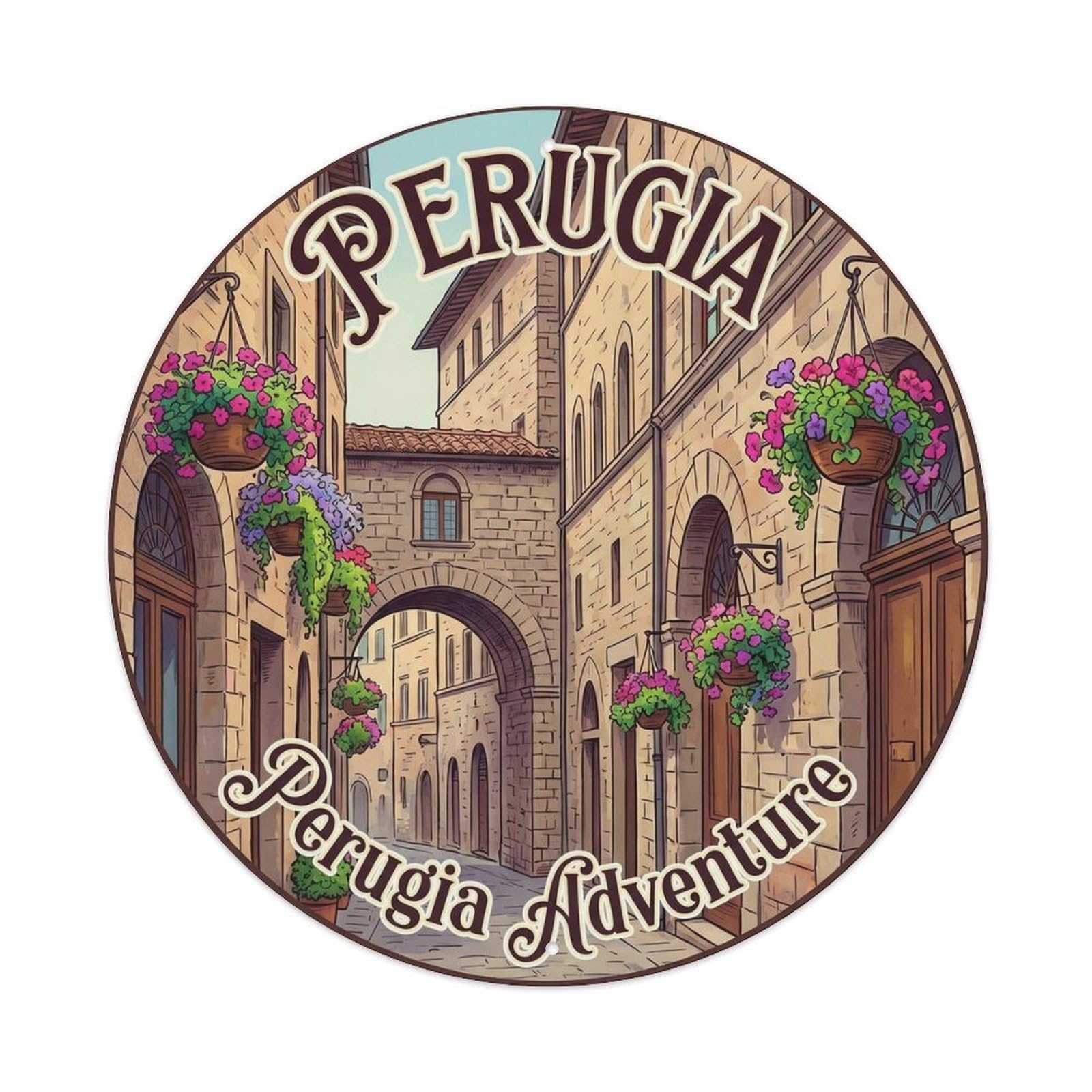 Oldtown Perugia City Classic Destination Heritage Scenic Metal Tin Sign Plaque Wall Decor for Cafe, Man Cave, Club Bar, Office, Home Garden Round Metal Poster 8x8Inch