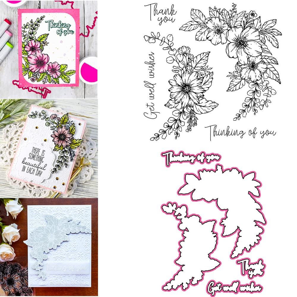 Troqueles florales y juegos de sellos para hacer tarjetas,troqueles de corte de metal de flores,sellos de silicona transparente coordinados para manualidades de papel, manualidades hechas a mano
