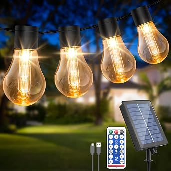 Solar Festoon Lights Outdoor,14M/46FT Edsion Solar String Lights with 25 Shatterproof Bulbs,USB Port & Remote & 8 Modes & 4 Brightness, IP65 Waterproof Garden Lights for Gazebo Patio Warm White [Energy Class G]