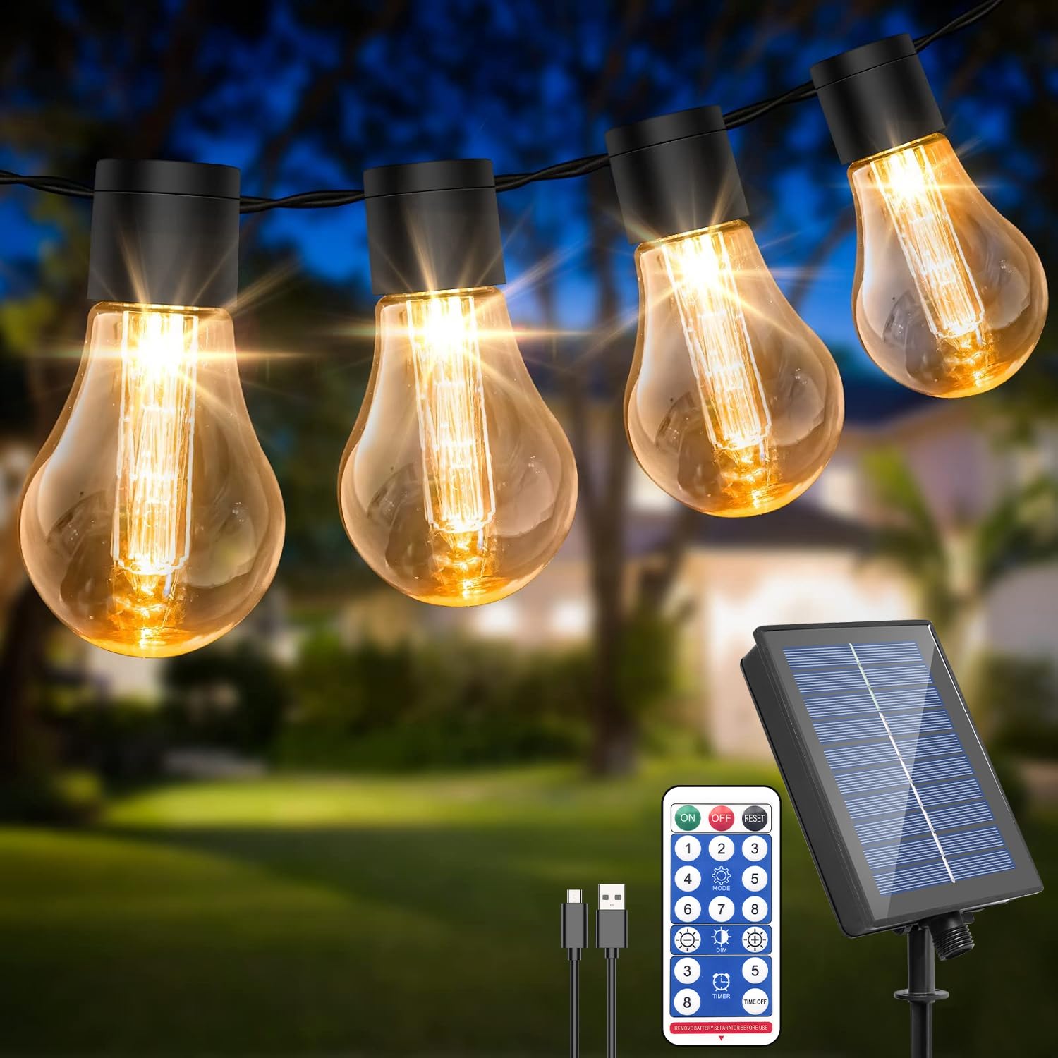Litohom D Solar Festoon Lights Outdoor,14M/46Ft Edsion Solar String Lights With 25 Shatterproof Bulbs,Usb Port & Remote & 8 Modes & 4 Brightness, Ip65 Waterproof Garden Lights For Gazebo Patio (Warm White)