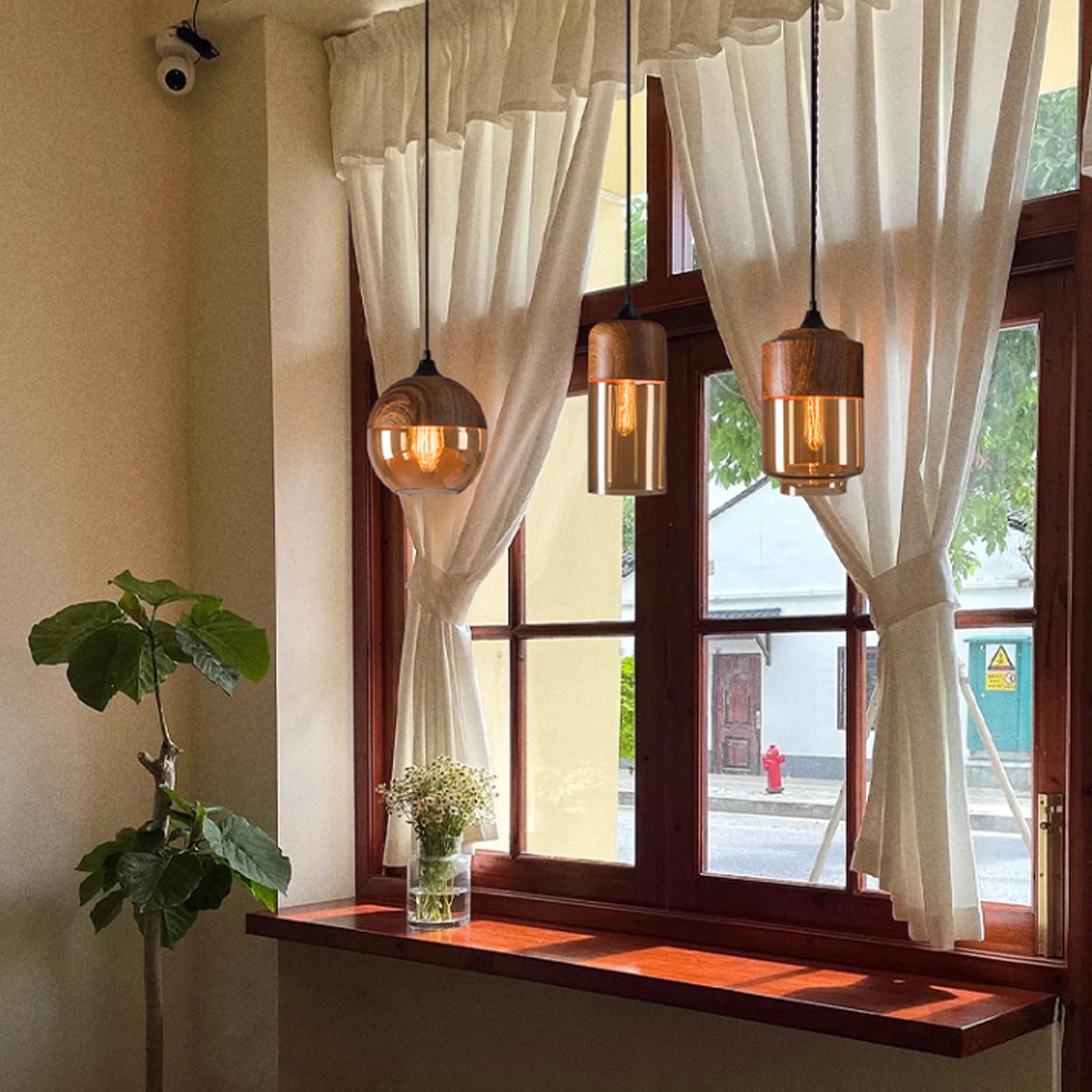 Lámpara colgante moderna, lámpara colgante de vidrio industrial retro, lámpara colgante con acabado de madera y metal, lámpara colgante para isla de cocina, lámpara de techo con pantalla de vidrio ámb