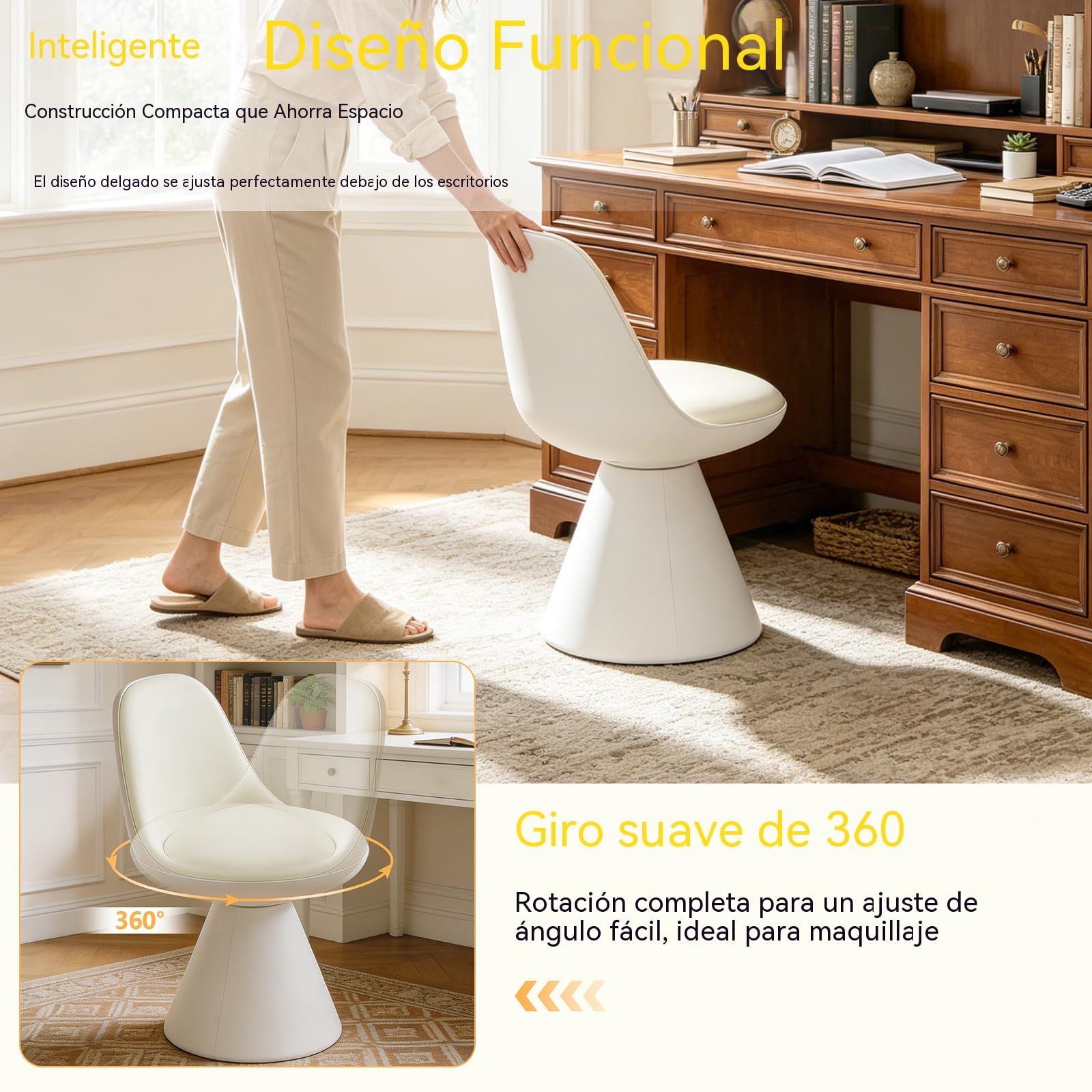 Sillón Giratorio para Tocador, Taburete de Maquillaje con Reposapiés de PU para Tocador, Dormitorio, Salón