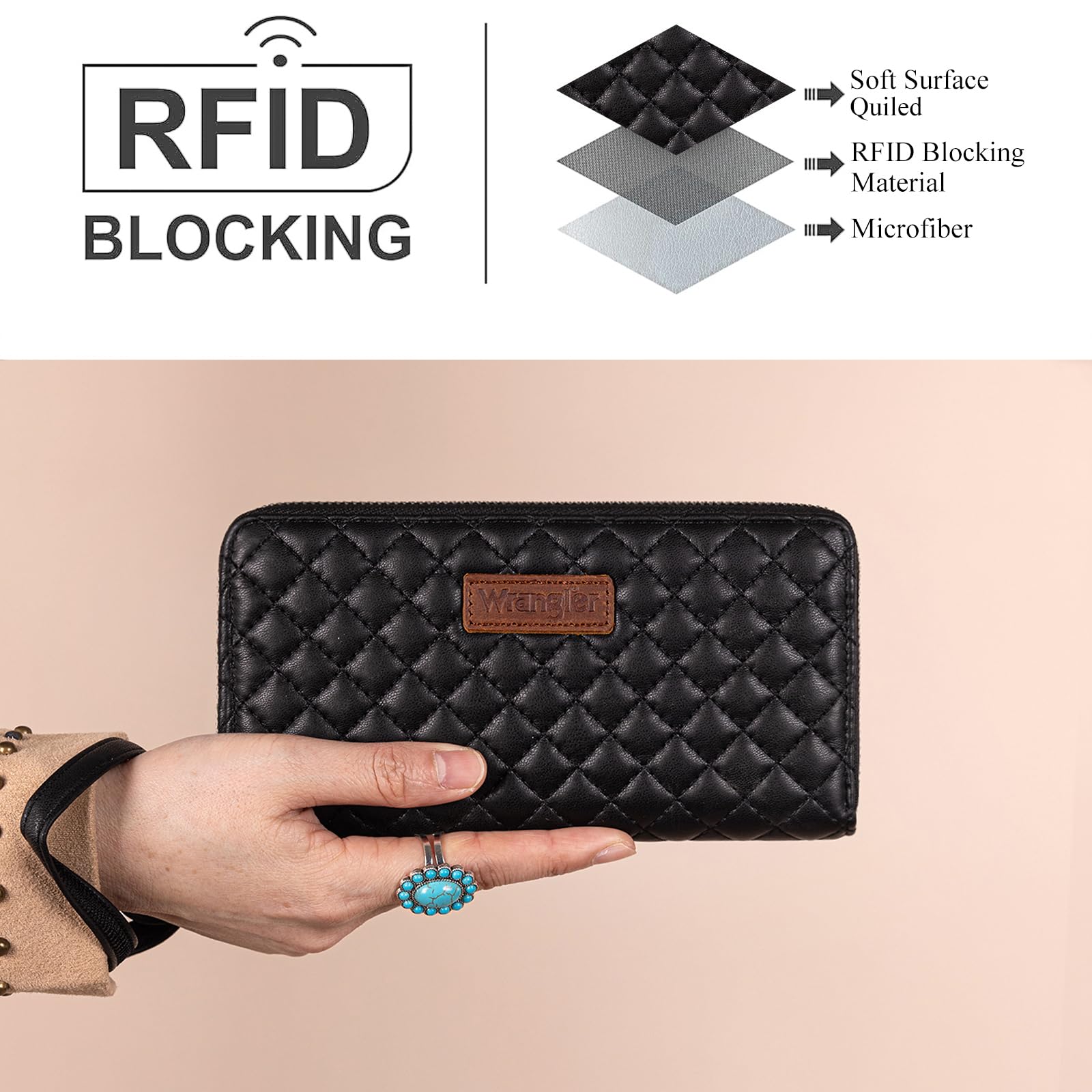 Montana West X Wrangler Black Quilted Wallet Women Large Phone Wallet for Ladies Female with a Detachable Wristlet & Rfid Lining