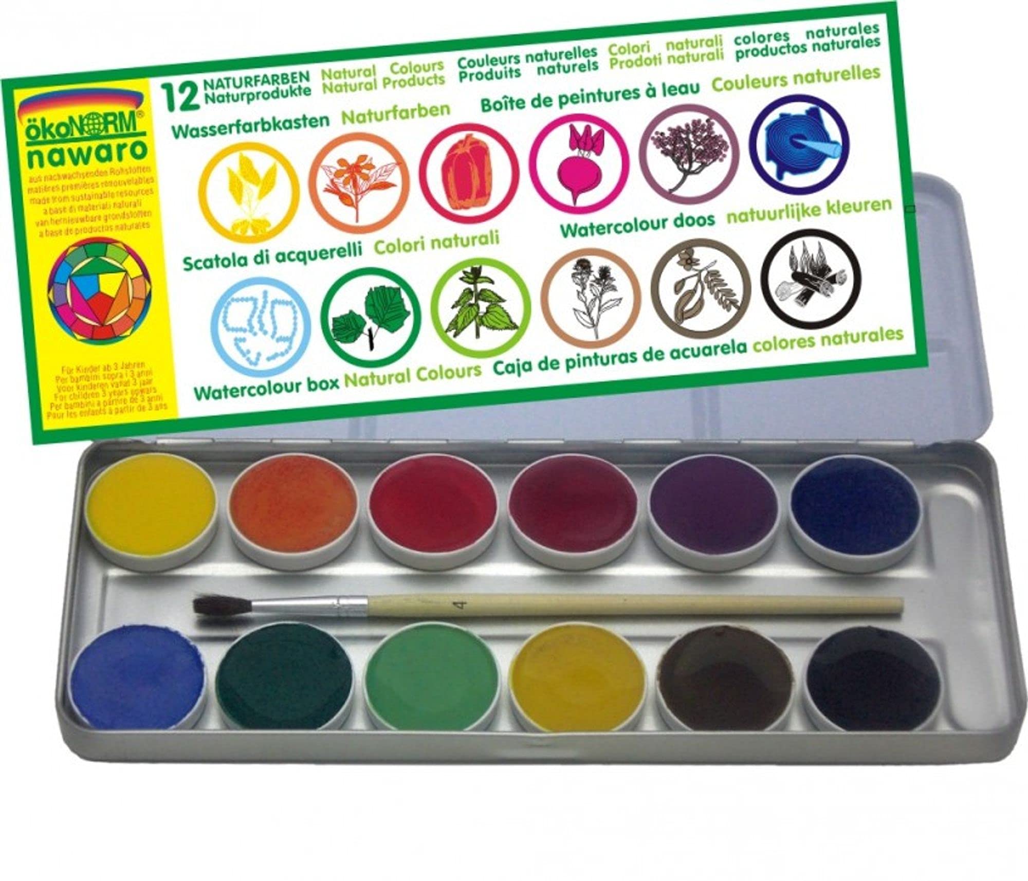 Aurich ÖkoNORM Nawaro Boîte de peinture aquarelle 12 tablettes dans un étui en métal