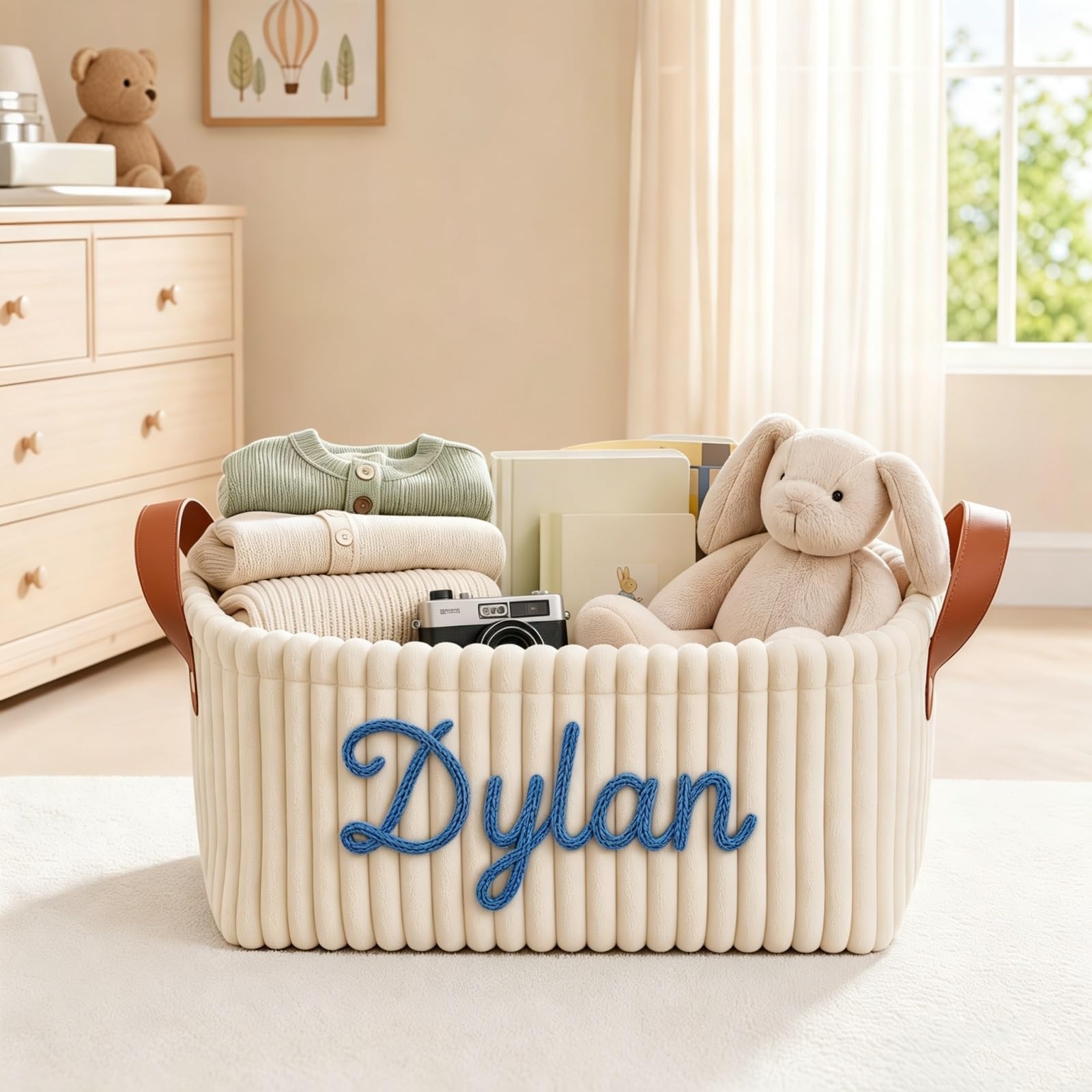 Custom Baby Diaper Caddy, Personalized Corduroy Storage Bin, Nursery Decor