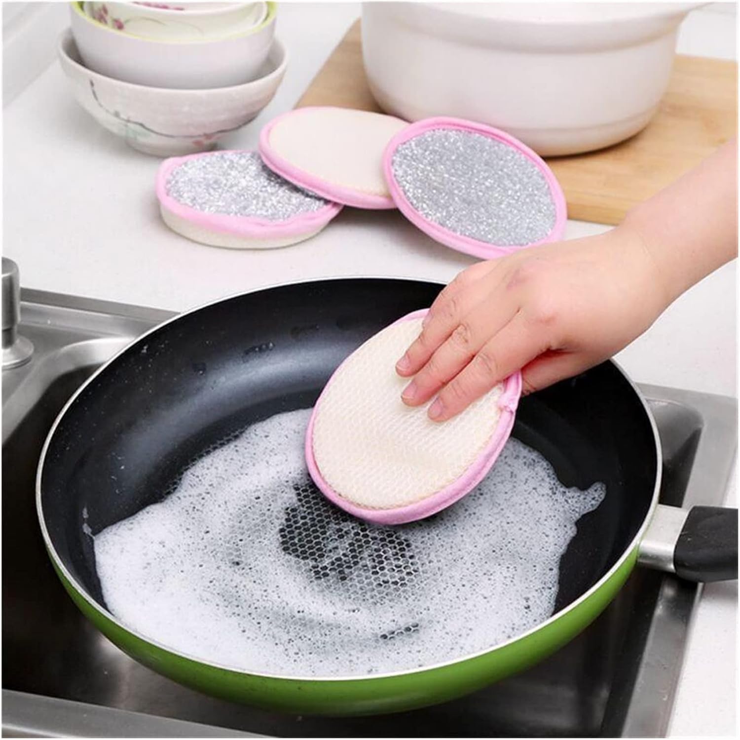 KESI Ornaments 5 Pcs Dish Sponges, Double Sided Non-Scratch Scrub Cleaning Sponges, Rough Scrubbers Side for Non-Stick Cookware, Soft Microfiber Scrub, Household Cleaning Tools for Kitchen Bathroom. 3