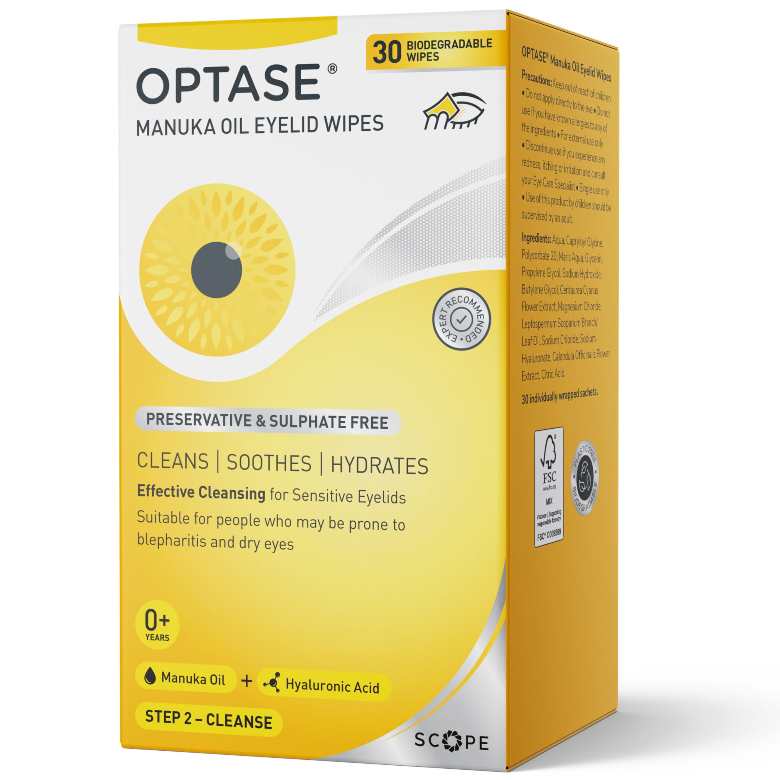 Optase Manuka Oil Eyelid Wipes – Effective Cleansing with Antibacterial Action - Preservative Free – 30 Biodegradable Wipes - Cleans, Soothes, and Hydrates Sensitive Eyelids