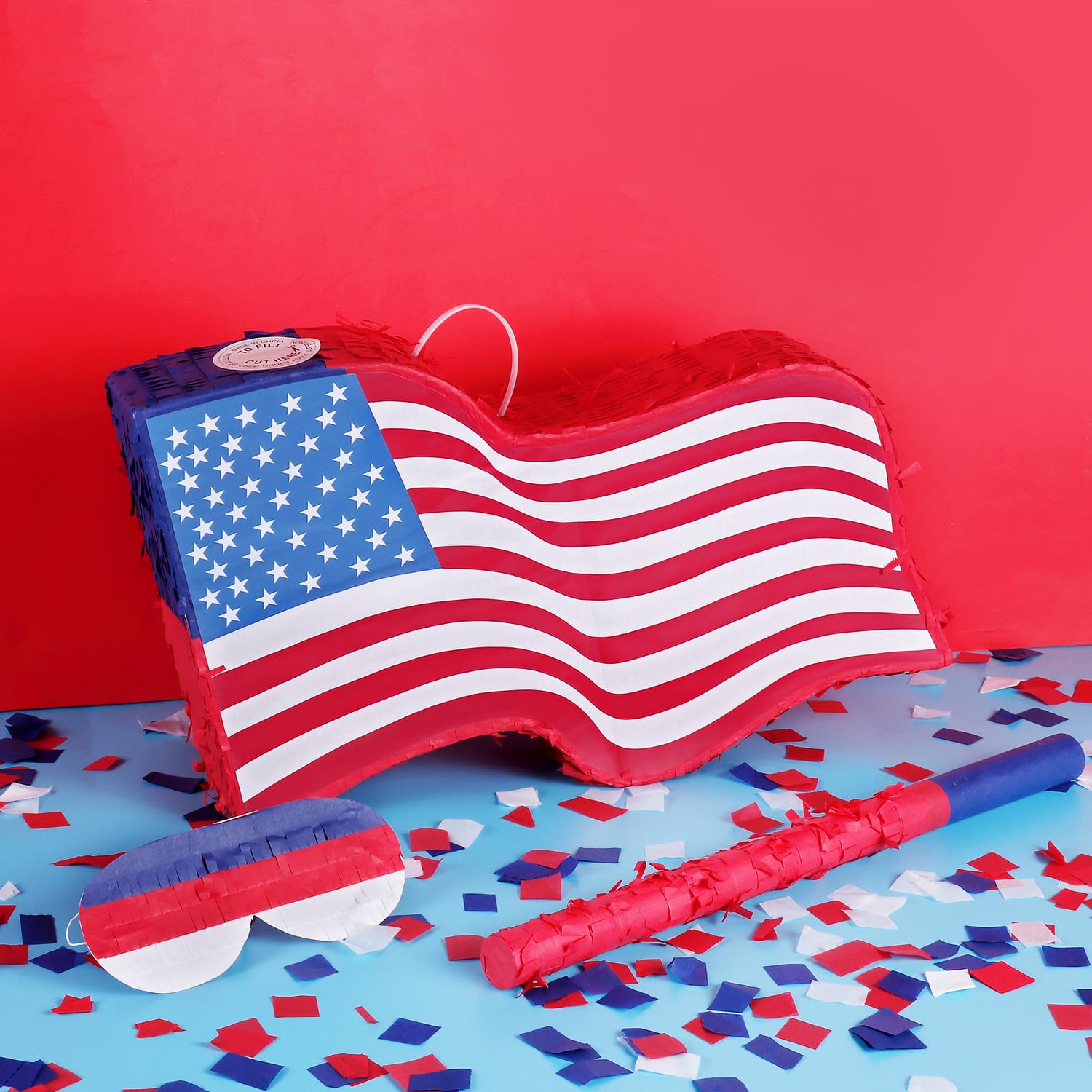 Quera Piñata con diseño de bandera patriótica americana para el Día de los Caídos, Día de la Independencia, suministros de fiesta del 4 de julio, decoraciones al aire libre, color rojo, blanco y azul,
