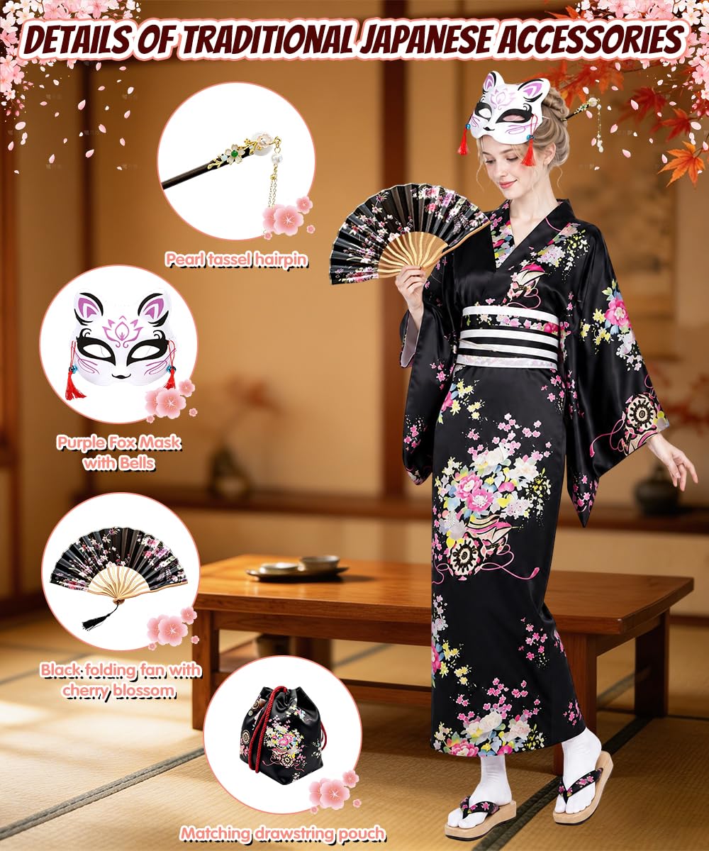 Geisha Yukata Japonés, Robe Kimono Mujer con Horquilla, Abanico Plegable y Bolsa, Albornoz Tradicional Japonés para Cosplay y Carnaval