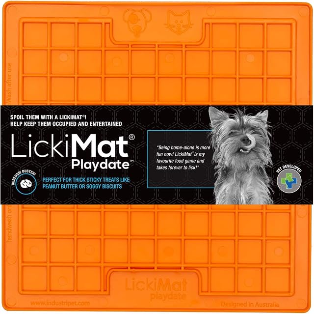 LickiMat Classic Playdate, Dog Feeding Mat for Boredom and Anxiety Relief, Ideal for Food, Treats, Yoghurt or Peanut Butter, Dog Lick Mats, Fun Alternative to a Slow Feeder Dog Bowl, Orange