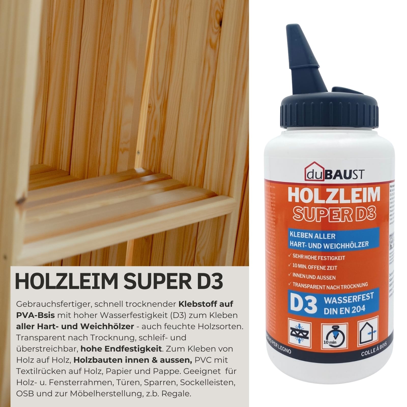 6x dubaust WOD24 Schnelltrocknender D3 Holzleim, wasserfest, für Hartholz und Weichholz, weiss - nach dem Aushärten transparent 500g Flasche