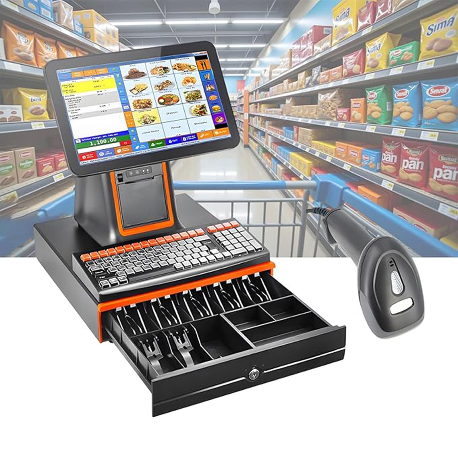 WEICNE All-in-One Smart Cash Register, 15.6" LCD Touch Screen Cash Monitor, Built-in Receipt Printer, Supports 30 Languages, for Retail, Restaurant,