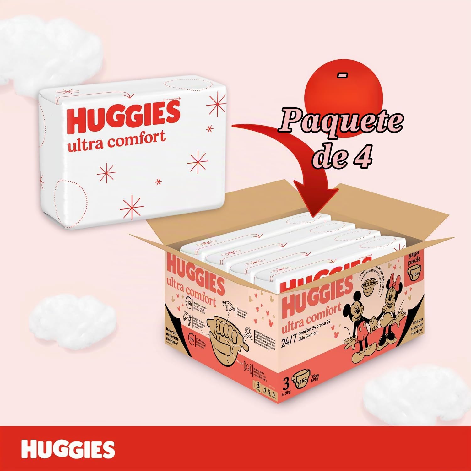 Huggies Ultra Comfort/Little Movers Pañales talla 3 (4-9 kg), ultra absorbente, protección completa, 168 unidades