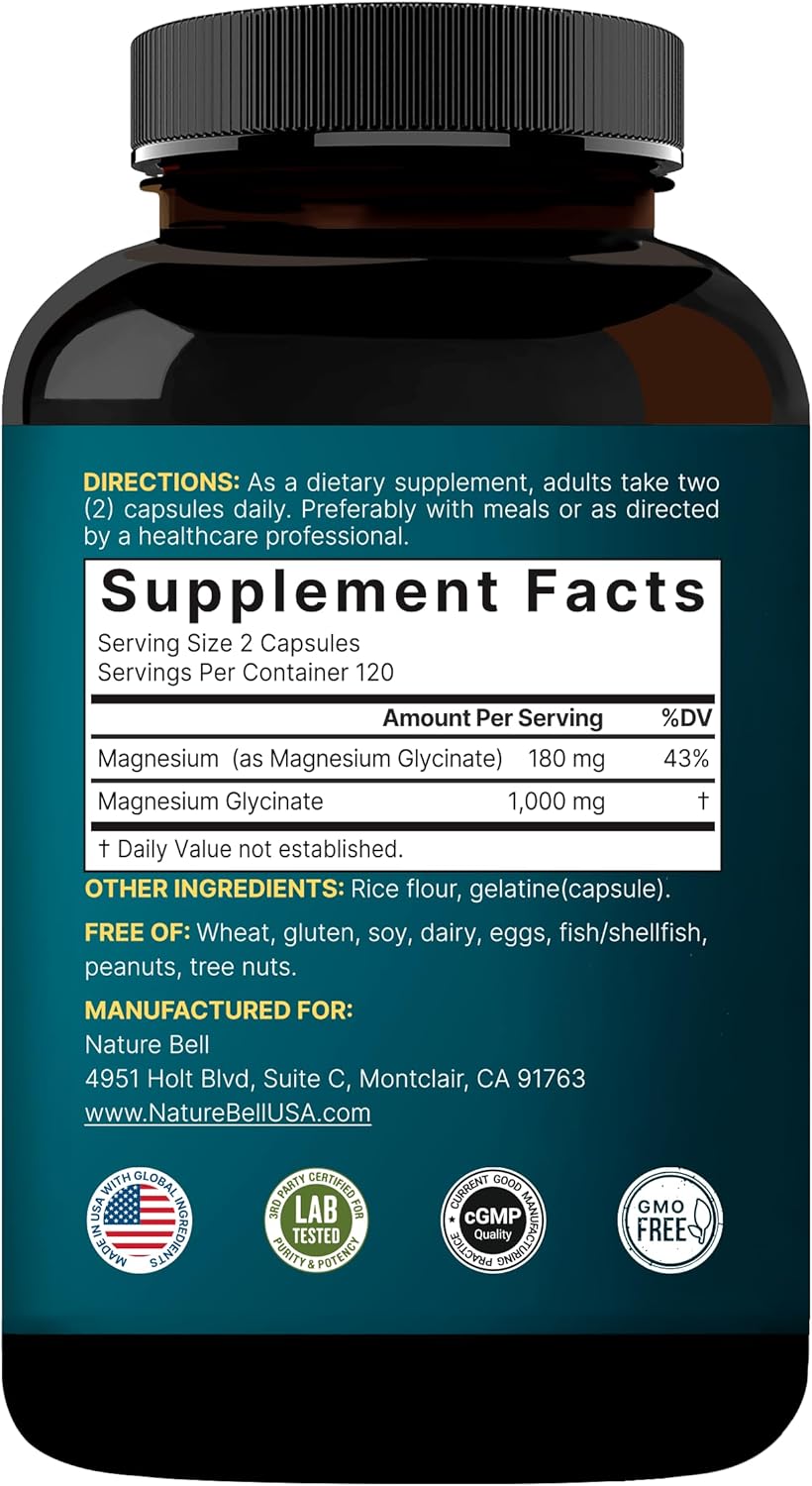 NatureBell Magnesium Glycinate 1,000mg, 240 Capsules | 500mg per Capsule | 100% Chelated & Purified | Sleep, Muscle & Nerve Support | Non-GMO, Gluten-Free - Image 7
