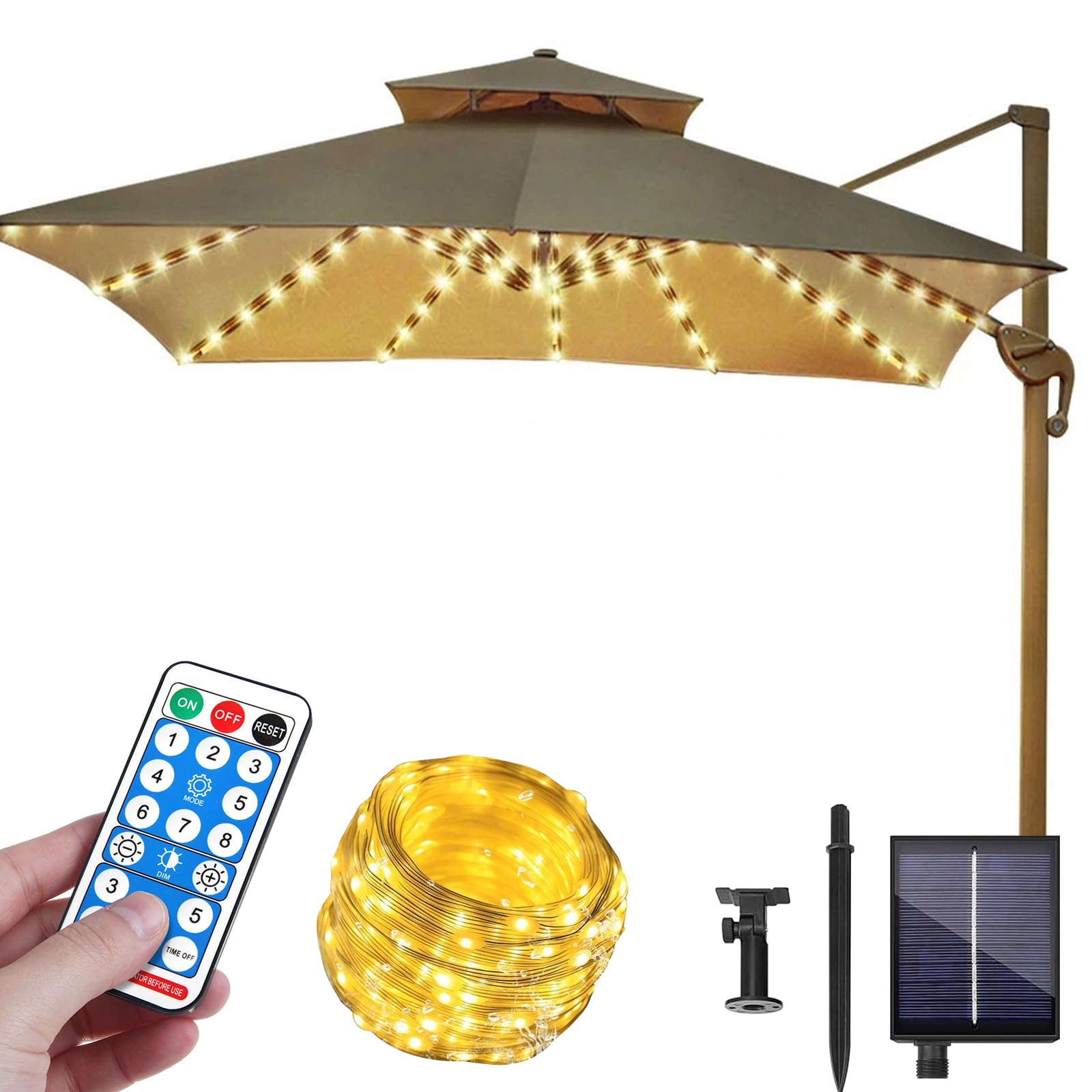 Guirlande lumineuse solaire pour parasol - 104 LED - Éclairage solaire avec télécommande - 8 modes - Guirlande lumineuse pour parapluie - Étanche - Pour tente de camping - Décoration de
