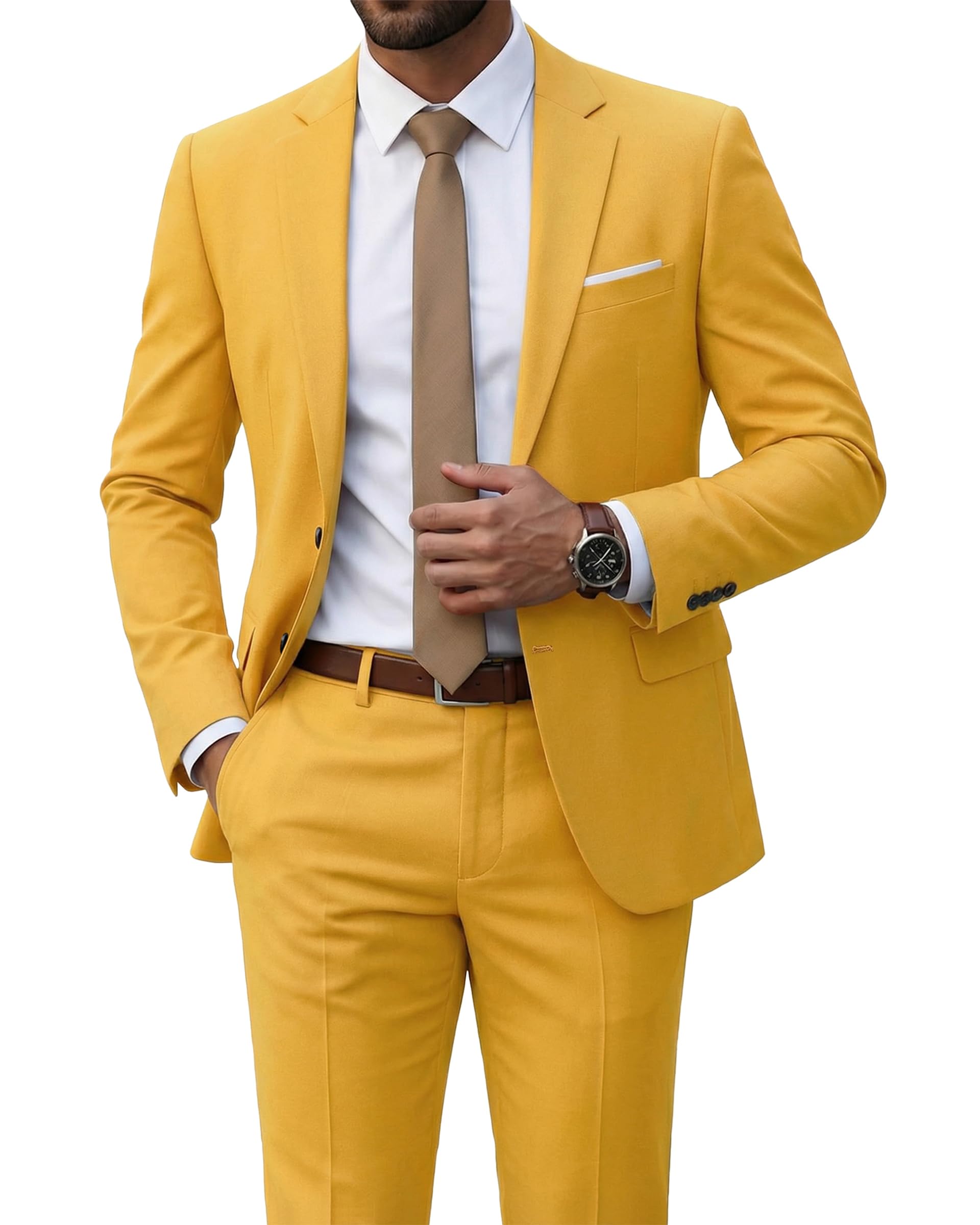 Men's Slim Fit 2 Piece Suit, 2 Button Notch Lapel Solid Jacket Pants Set with Tie, Party Wedding Dress Blazer Tux