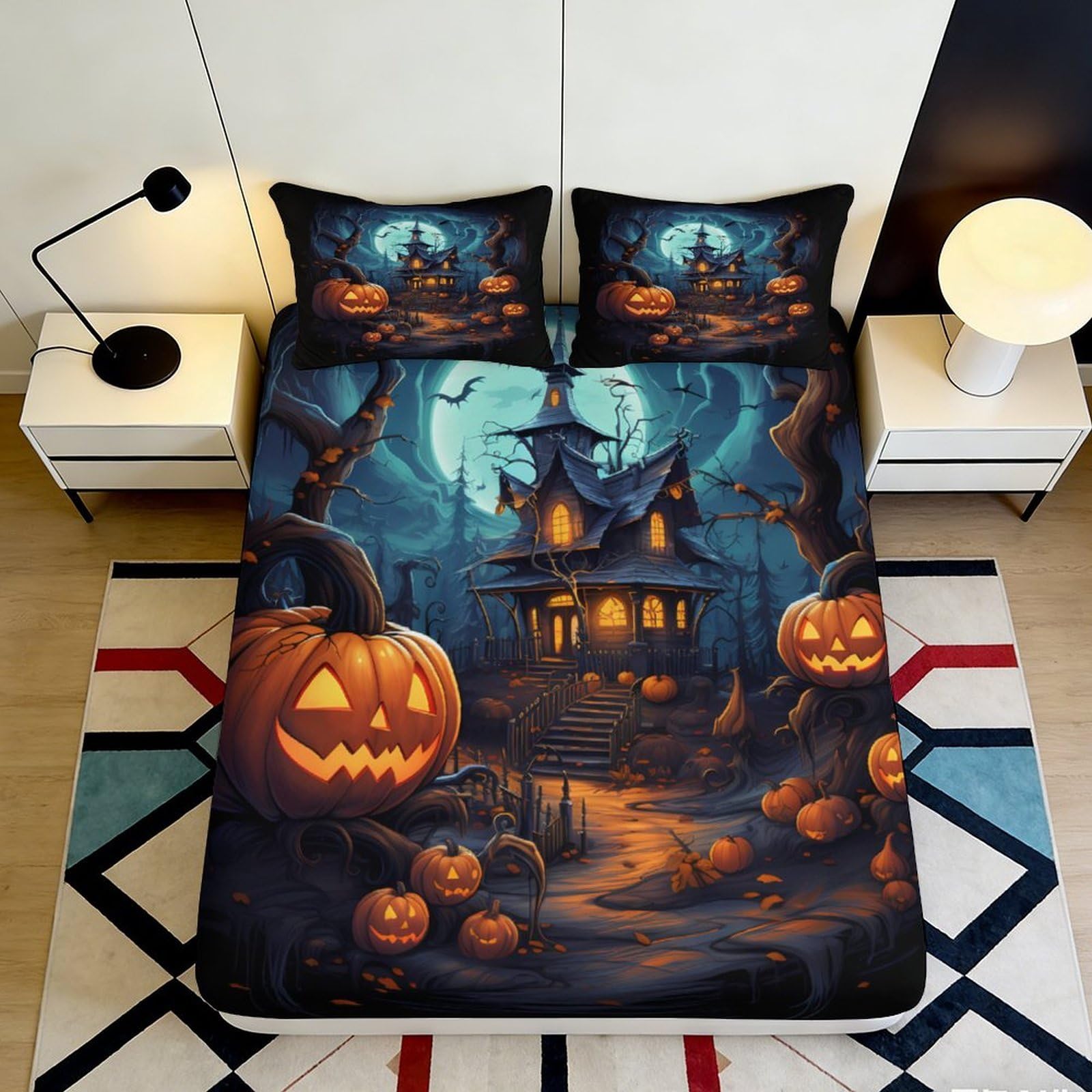 3D Printed Haunted House Fitted Sheet Microfiber Halloween Pumpkin Mattress Cover Anti-Slip for Bedroom Dorm Decor 90x200x25cm