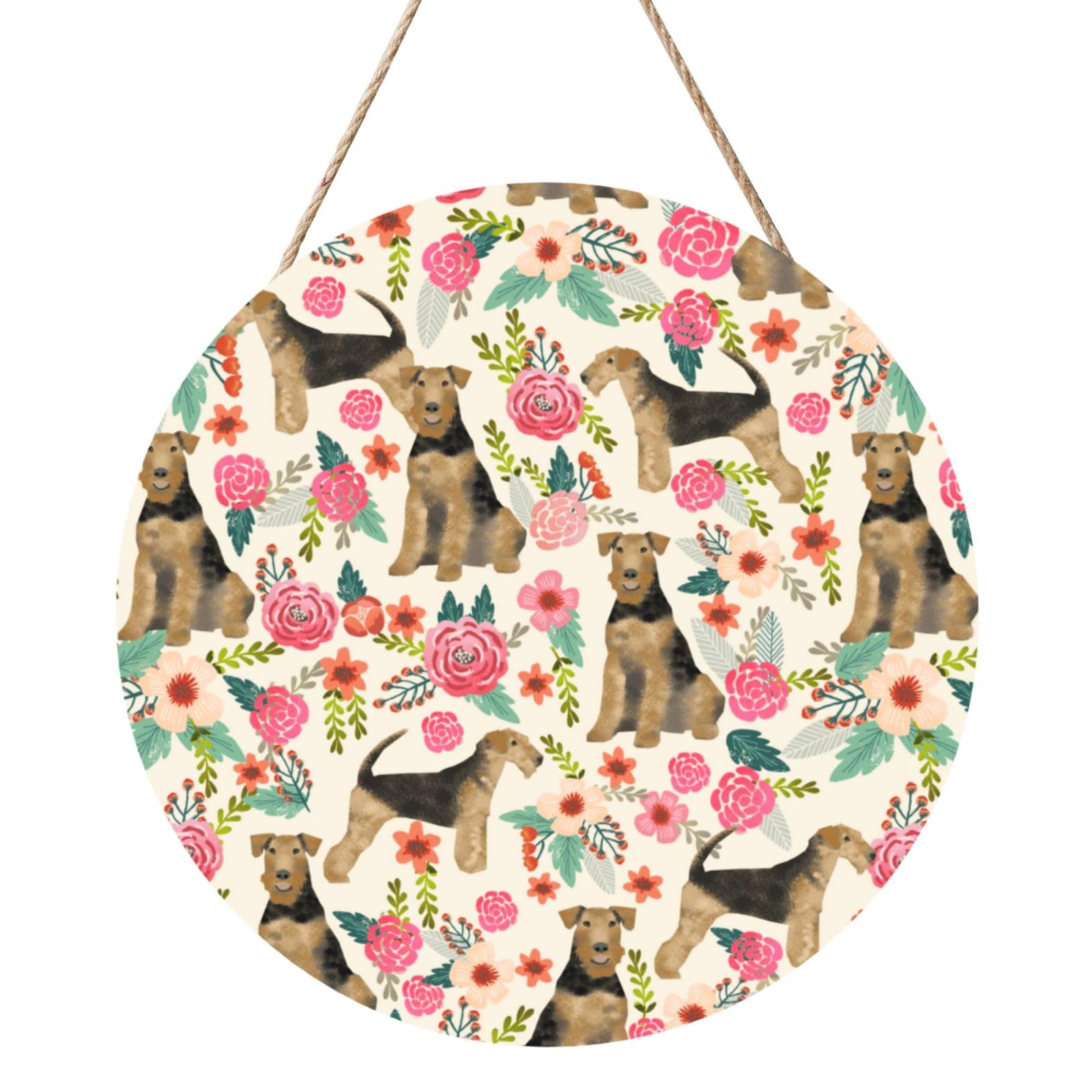 InOmak Airedale Terrier Floral Print, Round Wood Panel Painting 12 in, Wall Hanging Painting For Home