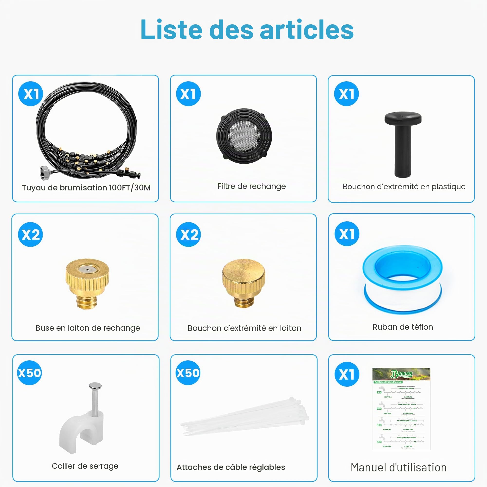 Bonviee Brumisateur pour terrasse extérieure, système de refroidissement brumisateur de 30 m pour terrasse, ligne de brumisation de 30 m + 28 buses de brume + adaptateur en laiton de 1,9 cm, système