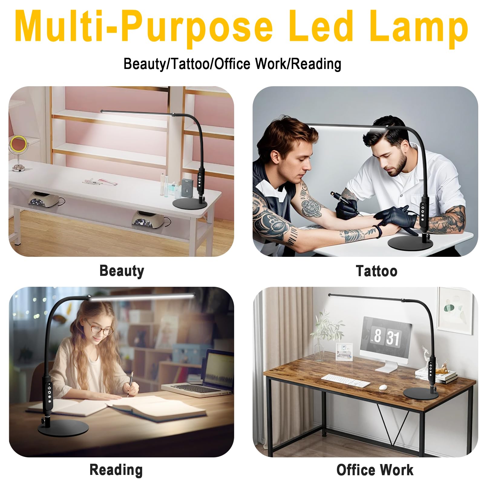 CGBE 60cm Lampada da Tavolo per Unghie LED 18W per Onicotecnico Nero | 360° Flessibile Lampada da Scrivania, Tocca Controllo, 3 Modalità 5 Luminosità Dimmerabile per Manicure Lettura Studio Lavoro