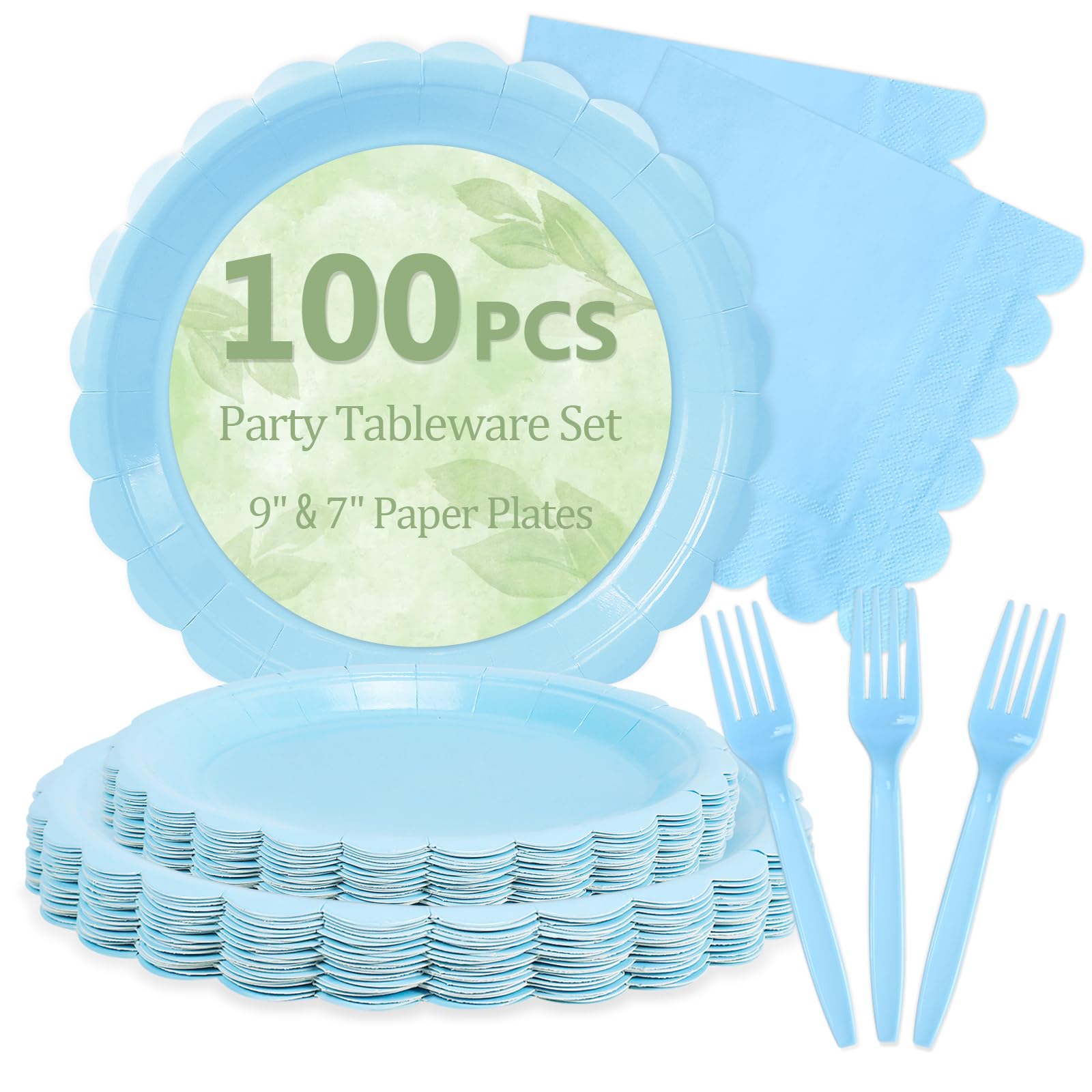 Mulbozy 100 Light Blue Paper Plates and Napkins Disposable Set for Party