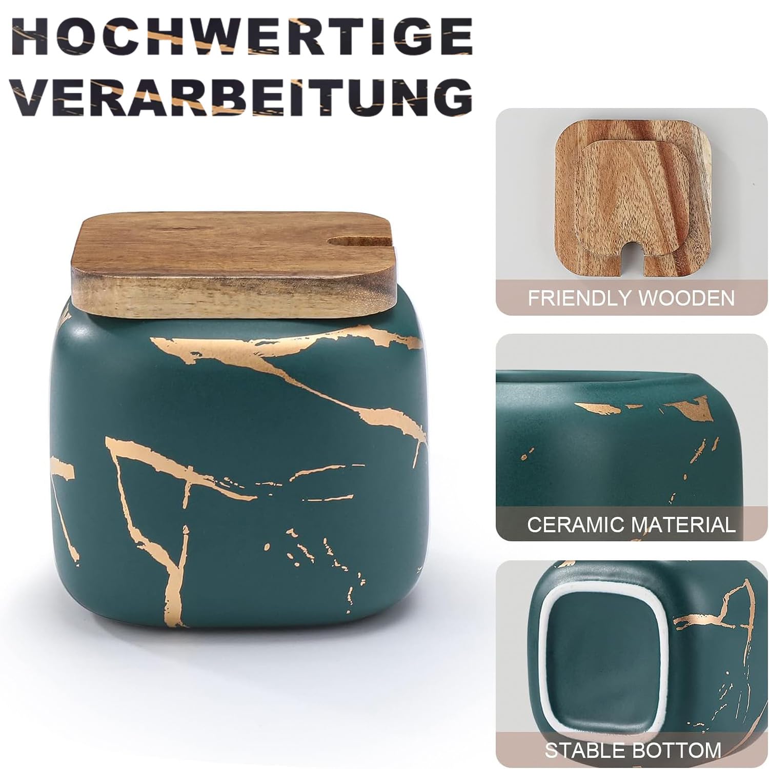 TELANKS Set Zuccheriera in Ceramica, 3 pz Condimento Box con Coperchio e Cucchiaio e Vassoio, Spezia Jar Cucina Scatola Barattolo di Spezie, Utensili da Cucina Forniture per Spezie, Verde