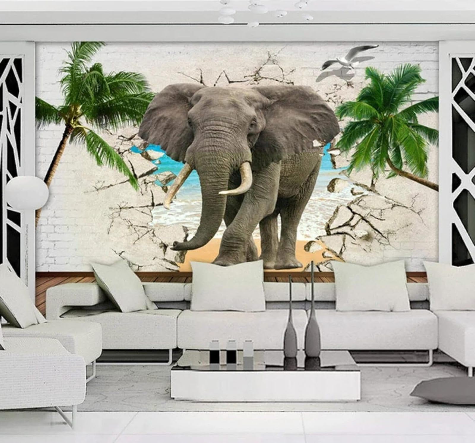 Tzxztt Elephant Broken Wall Coconut Tree Sea Landscape Modern 3D Wallpaper Premium Textured Silk Neutral Tones Material Ideal for Living Room Bedroom-300cm×210cm