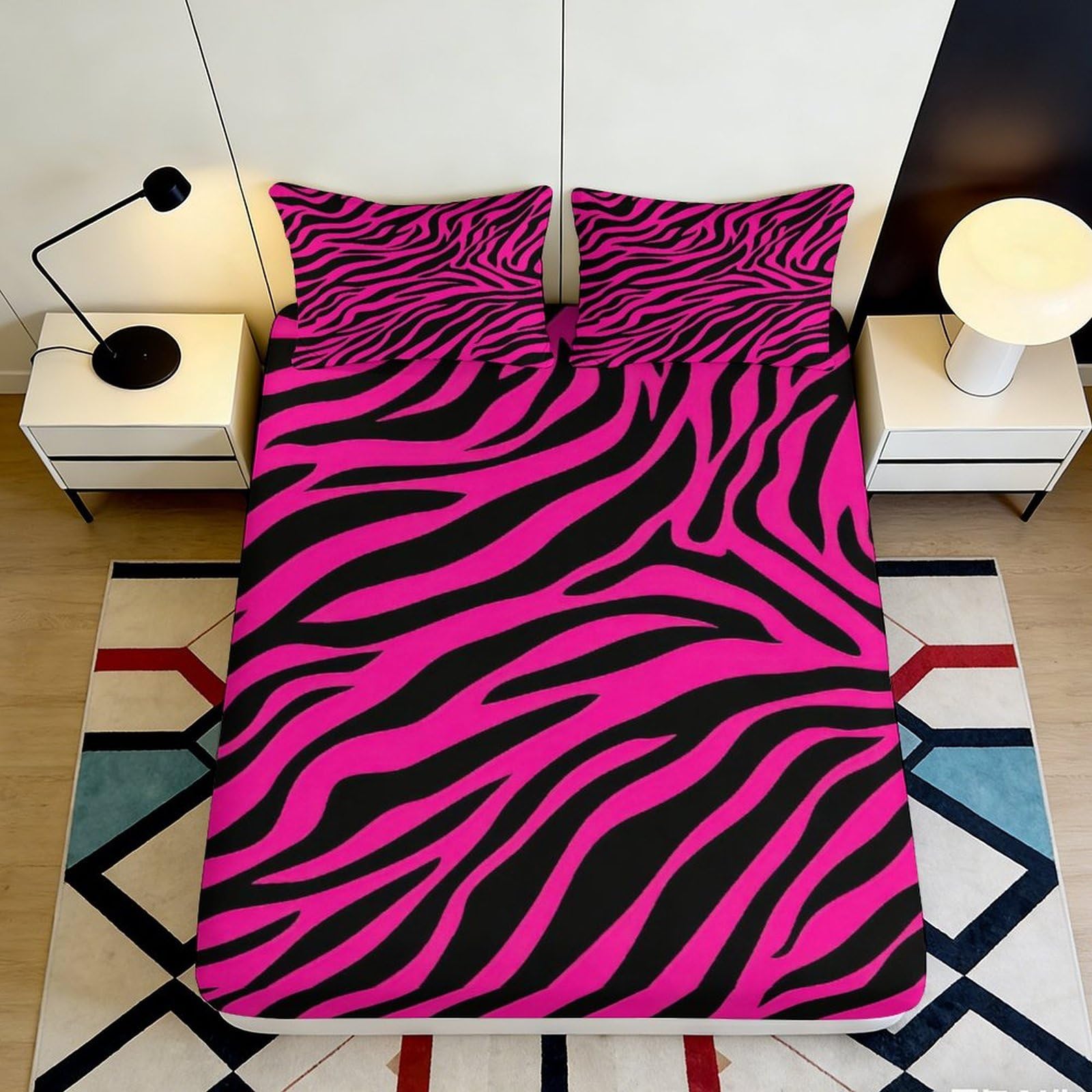 3D Printed Pink Zebra Fitted Sheet Microfiber Soft Breathable Animal Stripe Bed Cover for Bedroom Guest Room Decor 90x200x25cm