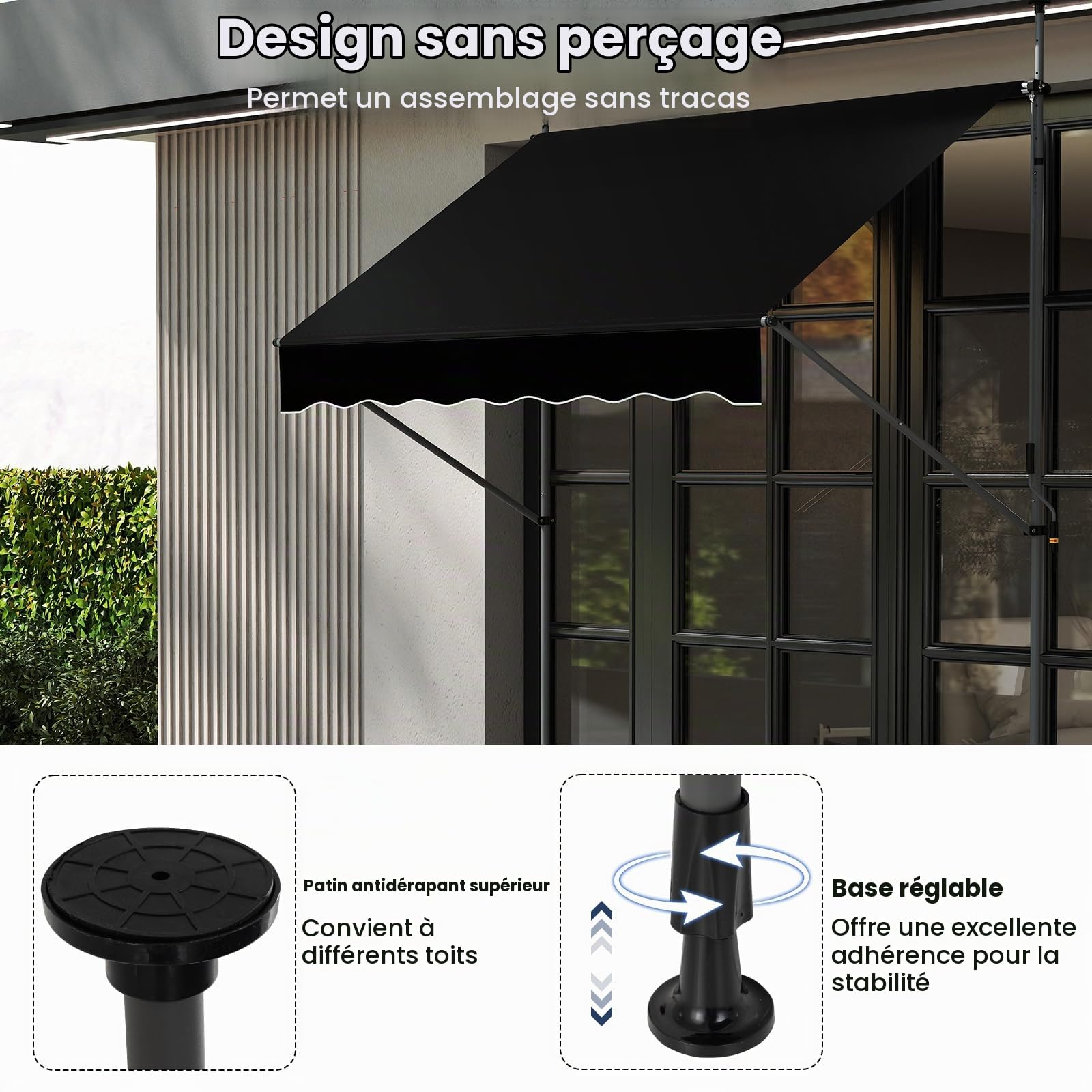 HOMASIS Store extérieur Extensible, Protection Solaire réglable en Hauteur et en Inclinaison, Store de Balcon sans perçage, Pare-Soleil à manivelle (Noir, 200 x 180 x 210-300)