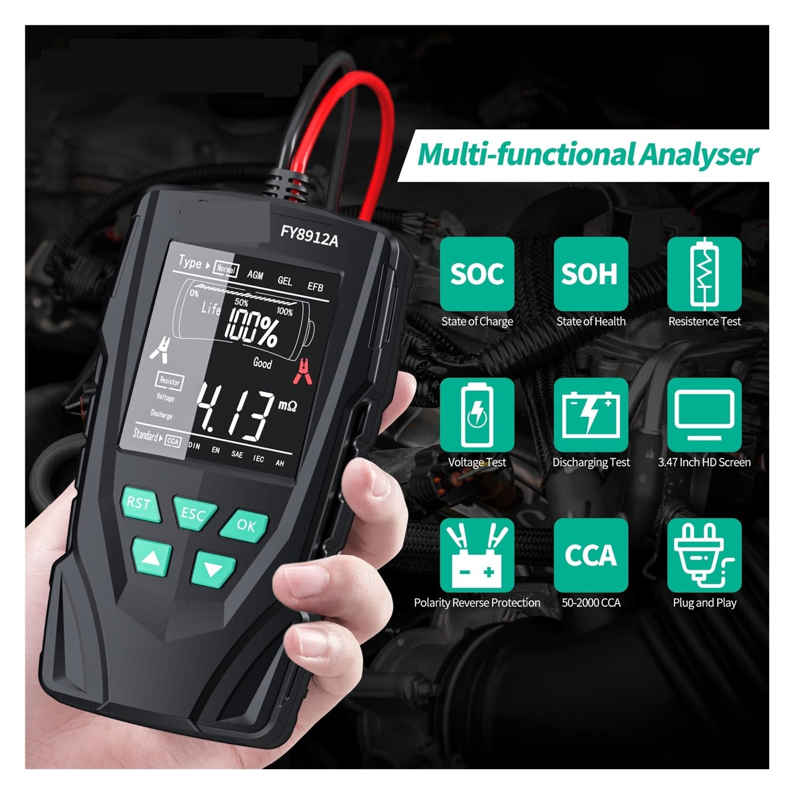 Tester Batteria, FY8912A Tester del a batteria 'auto 12V 24V Analizzatore del 'auto, moto, camion 50-2000CCA Strumento di prova di carica e avviamento