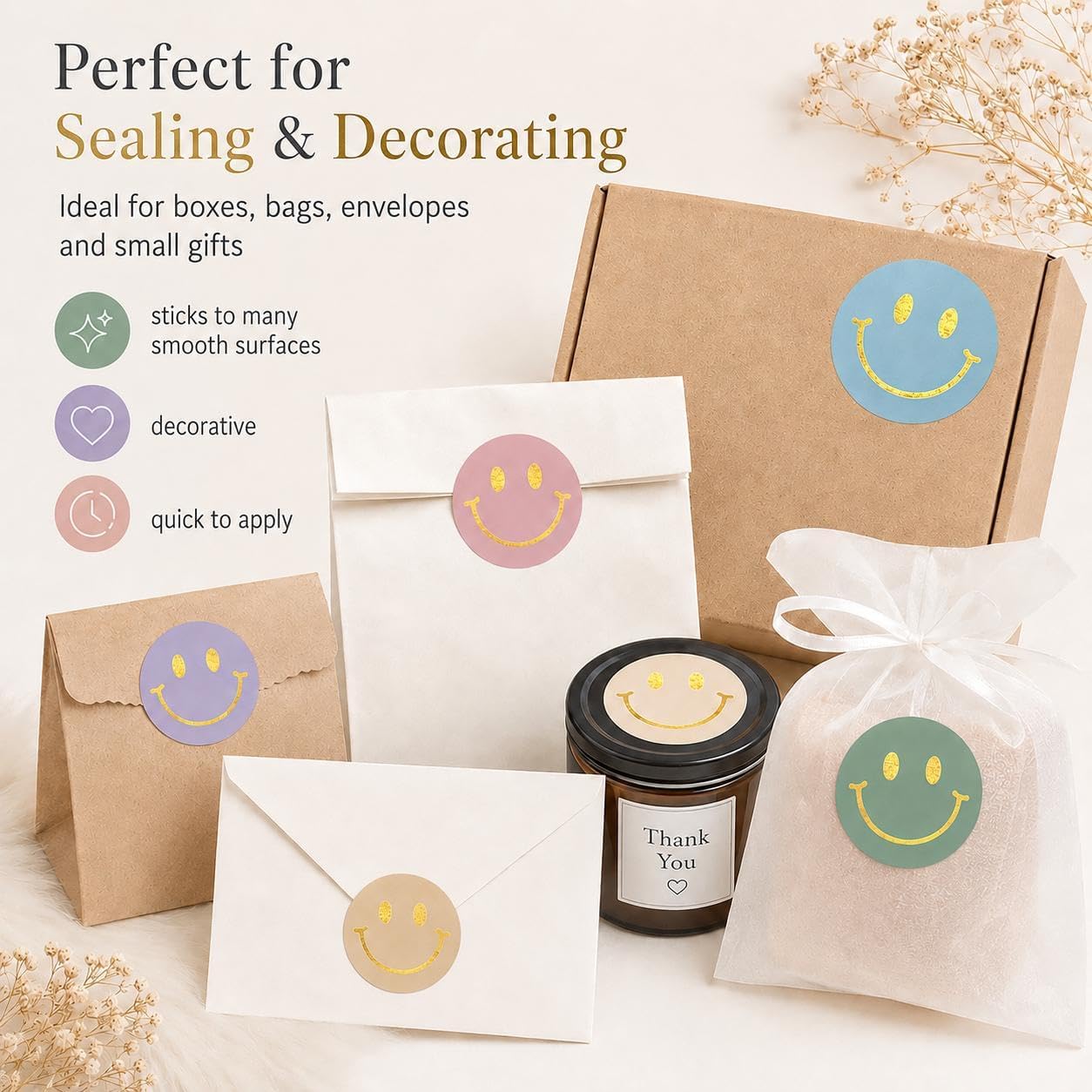 60 Pcs Gold Foil Happy Face Stickers, 2 inch Smiley Envelope Seals image 3