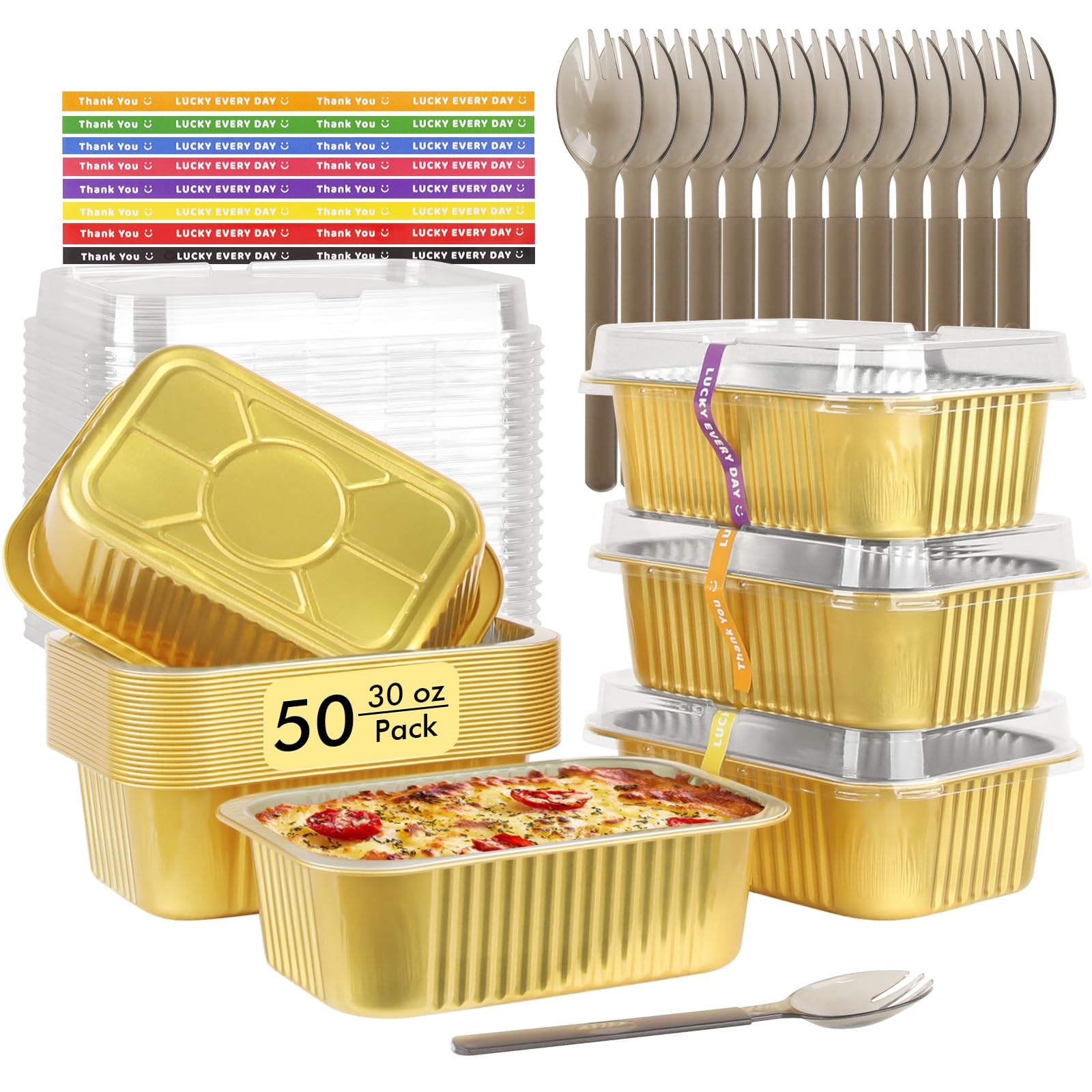 LNYZQUS 50 Pack 30oz Small Foil Pans with Lids, 7” x 5” Individual Baking Tins Deep Leftover Containers,Aluminum To Go Baked Food Containers Large
