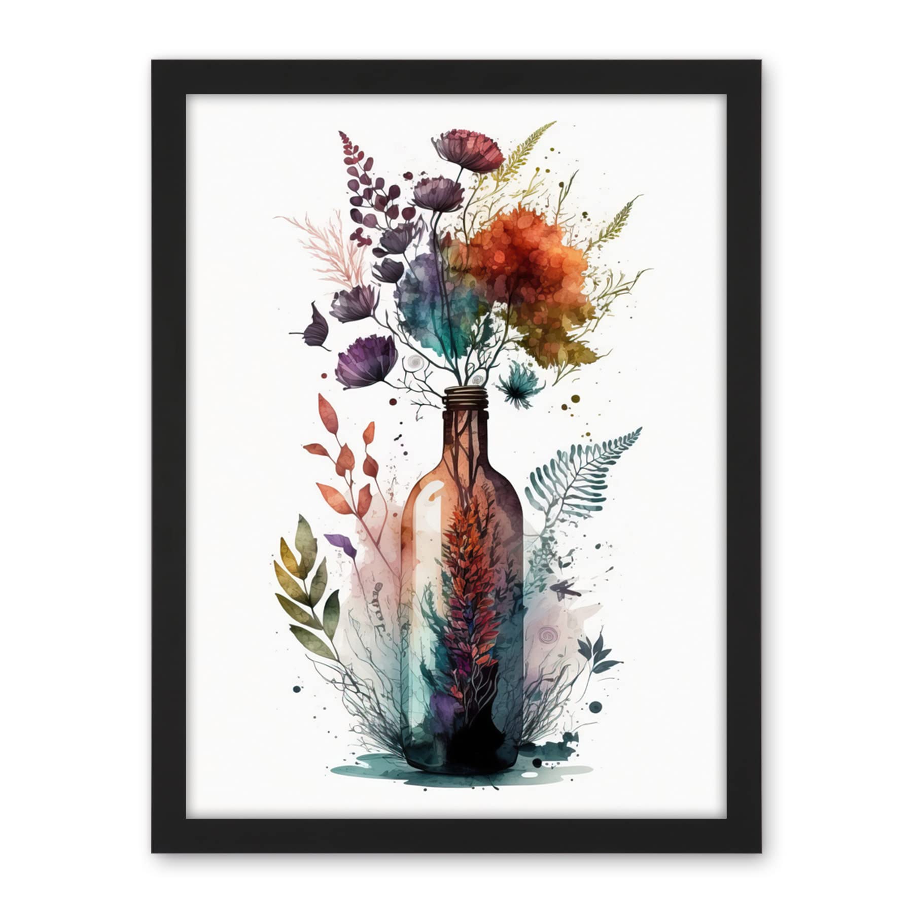 Artery8 Wine Bottle with Spring Wildflower Floral Bouquet Artwork Framed Wall Art Print 18X24 Inch