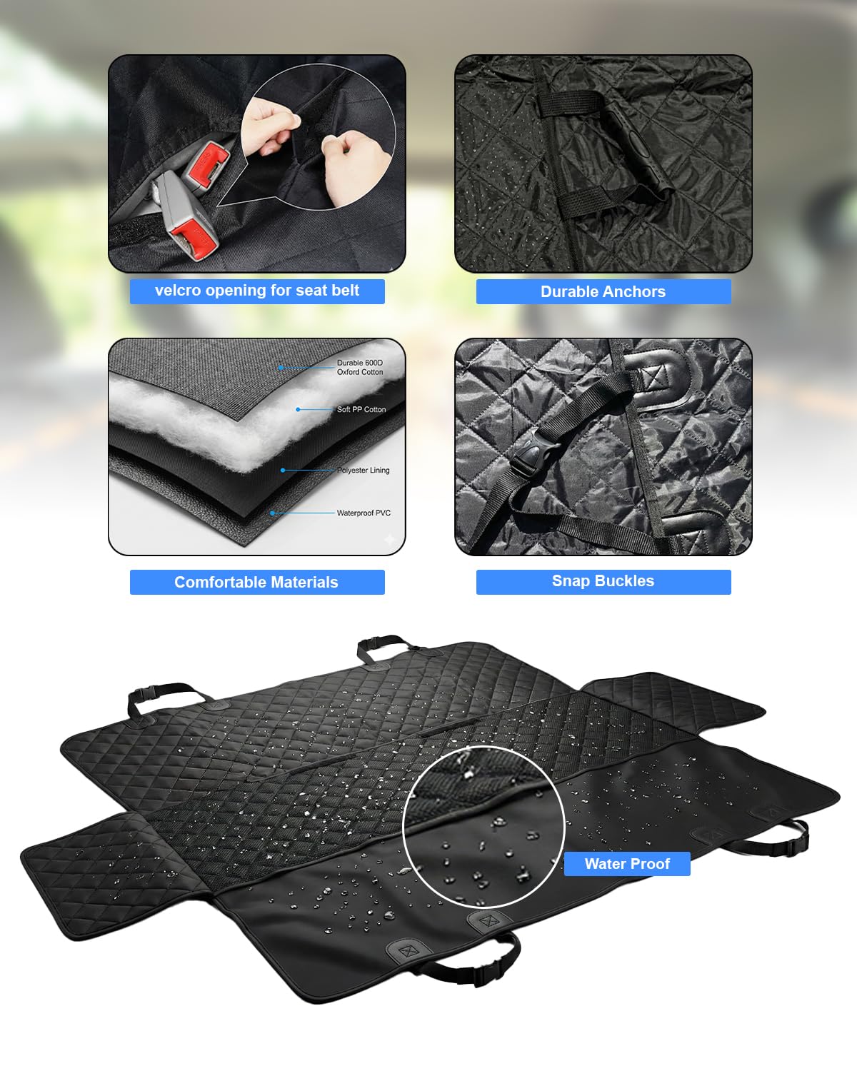 INDCAN IMPORT Upgraded Dog Car Seat Cover for Back Seat 600D Heavy Duty Waterproof & Scratchproof Pet Hammock, Non-Slip Back Seat Protector for Dogs, Universal Fit for Cars, SUVs & Trucks - image 4