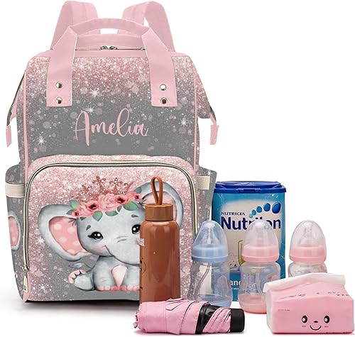 Voltexia Bolsa de pañales personalizada con nombre, bolsa de pañales personalizada para niñas, mochila de pañales multifunción con bolsillos