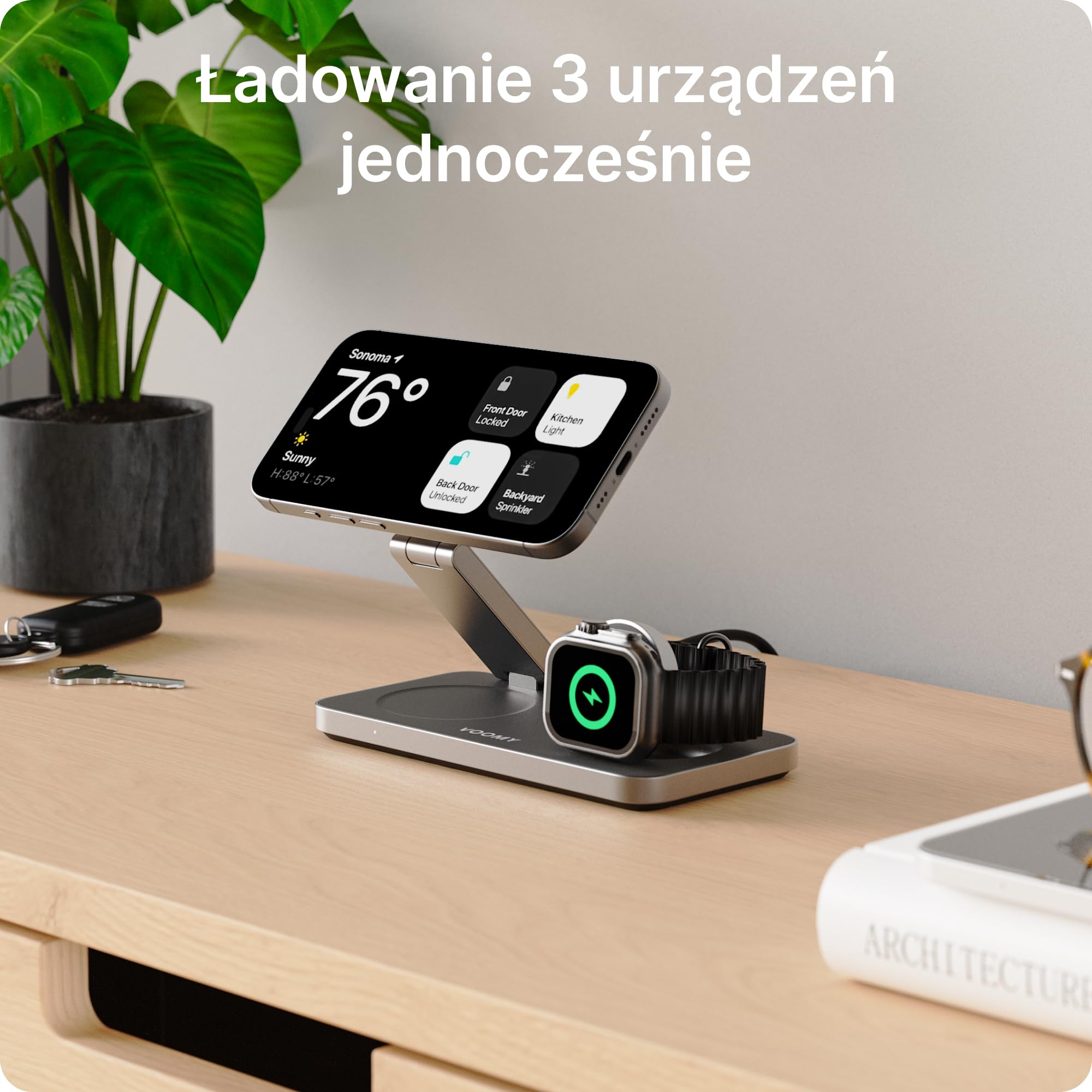 VOOMY Stacja Ładowania Bezprzewodowa 3-w-1 15W – Aluminiowa Ładowarka Składana, Szybkie Ładowanie, Kompatybilna ze Smartfonami, Smartwatchami i Słuchawkami Bezprzewodowymi