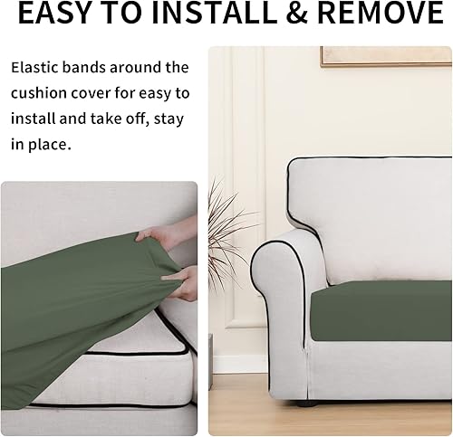 Miniatura 4 de Easy-Going Funda de cojín 100% impermeable para asiento de sofá, elástica, para muebles, para niños y mascotas, sofá de 3 piezas, verde grisáceo