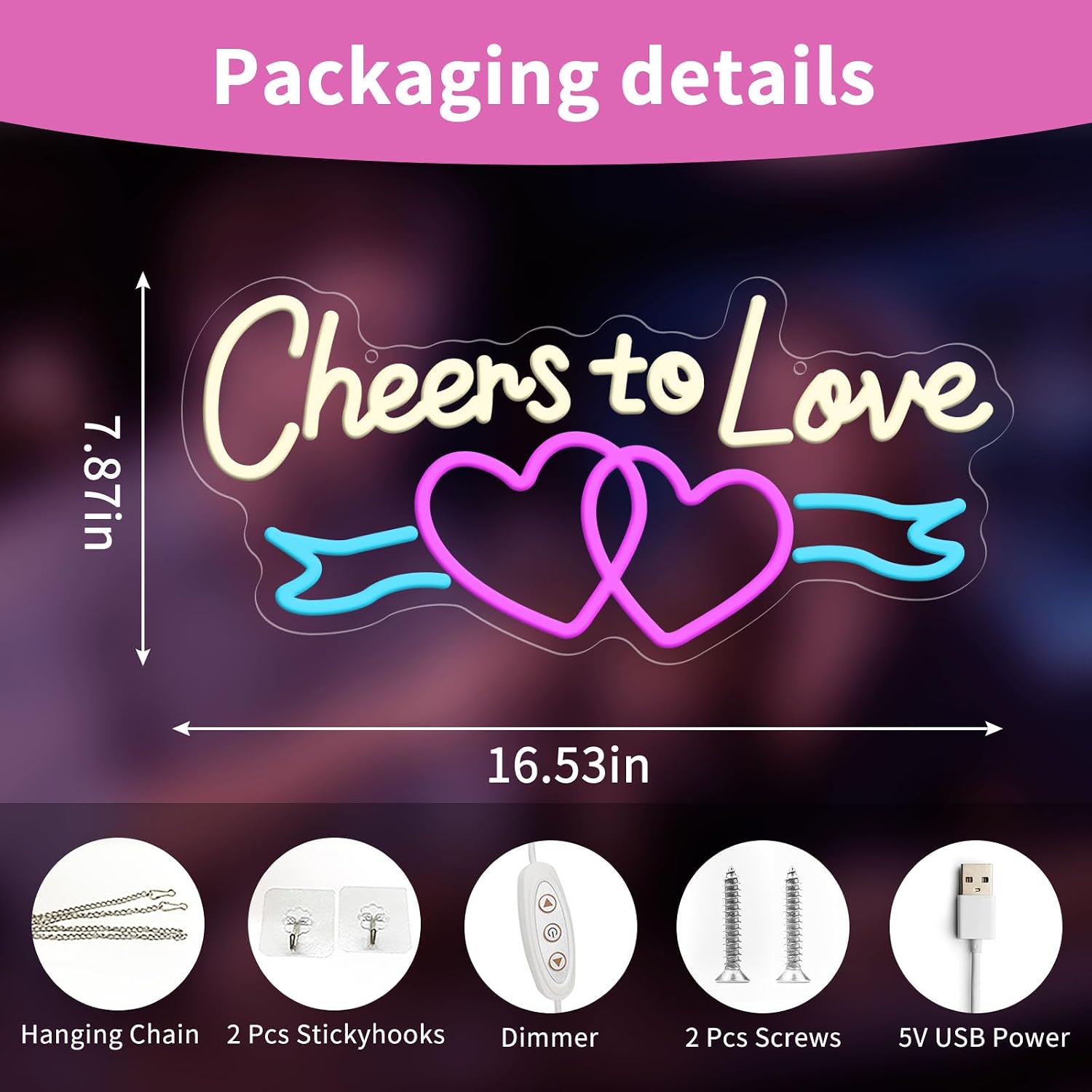 Cheers to Love Valentine Neon Sign, USB Powered Neon Signs with Dimmer and Sticky Hook, Hanging LED Light Sign Decorations, Home Decor for Bedroom Wedding Party Wall 16.54 * 7.87 inch