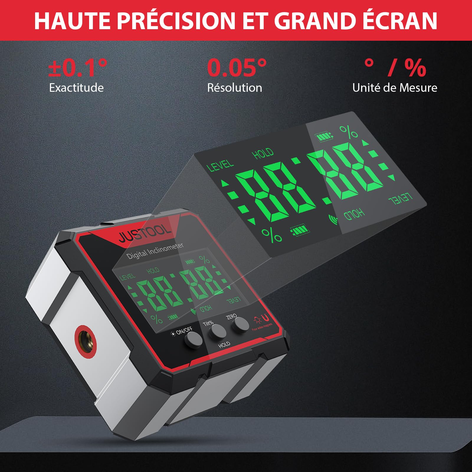 JUSTOOL 4 * 90° Inclinomètre Rapporteur LCD Numérique Inclinomètre Jauge D’angle Laser Niveau à Bulle IP54 Boîte de Niveau étanche Boîte de Nivellement Magnétique à 4 Côtés Boîte Biseautée | Inclinomètre numérique avec 4 aimants latéraux, écran LCD rétroé