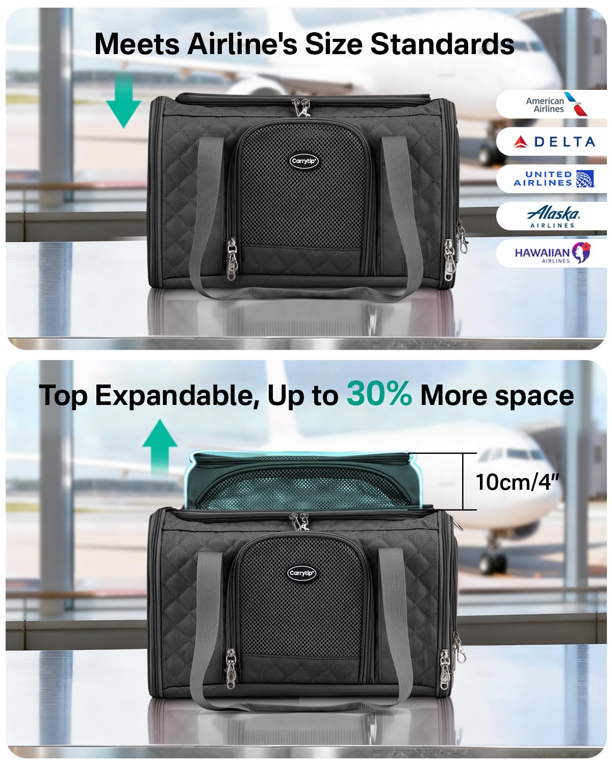 CarryTip Cat Carrier Airline Approved 17x11x9.5 Inches, Top Expandable Soft Sided Pet Travel Carrier for Cats & Small Dogs, Fits Under Airline Seat with Locking Zippers, Black - image 6
