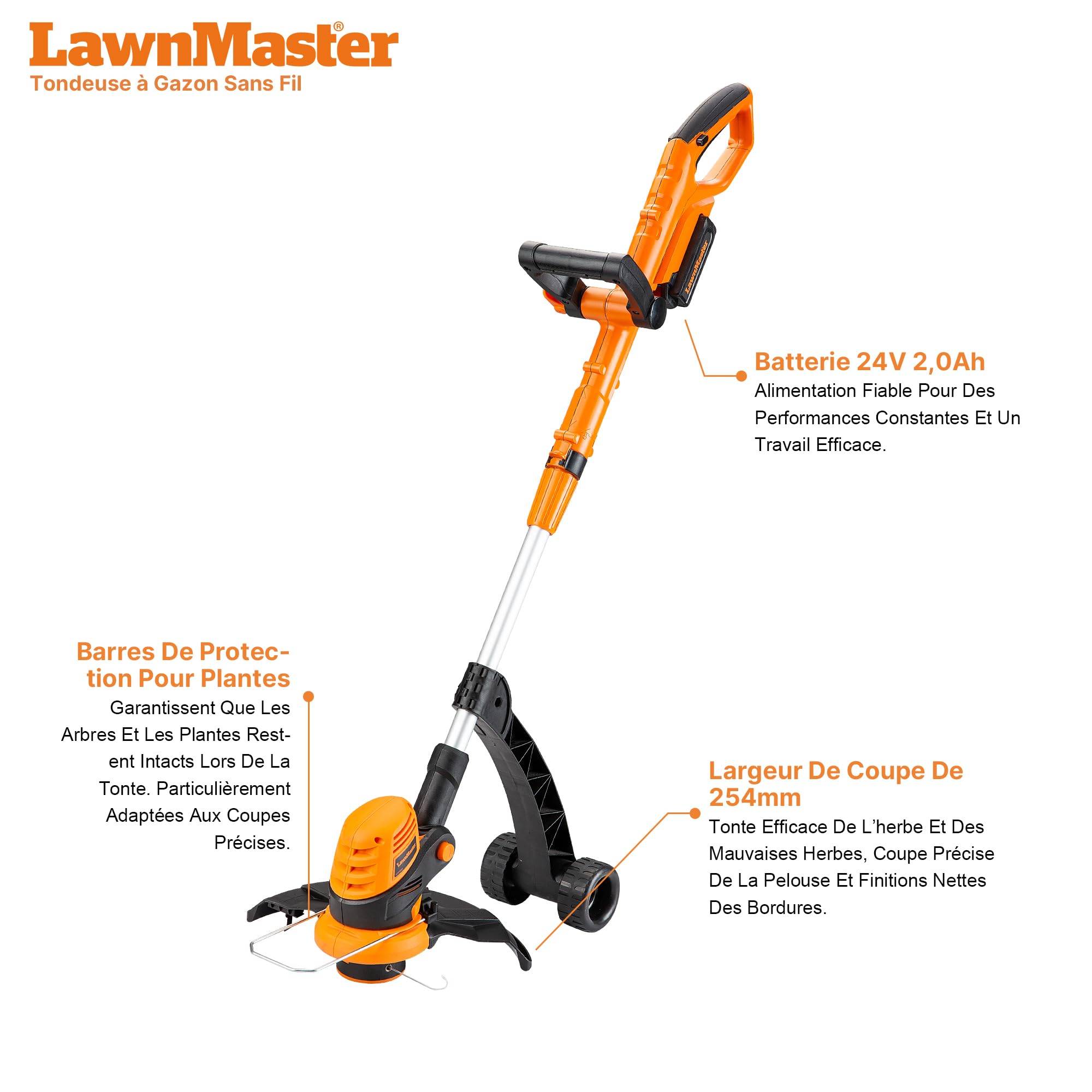 LawnMaster Coupe-Bordure sans Fil 24V, Coupe 25cm, Silencieux & léger | Fonction 2-en-1 avec dresse-bordures, tête pivotante, manche télescopique, batterie 2Ah avec chargeur, poignée ergonomique