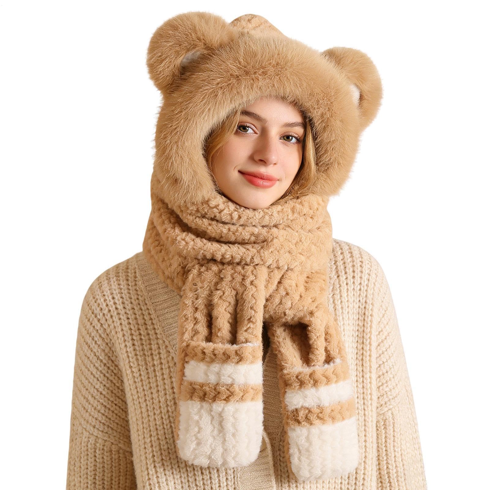 Écharpe d'hiver à capuche en peluche en forme d'ours avec gants intégrés - Cache-cou pour skieurs, randonneurs, coureurs et utilisation quotidienne