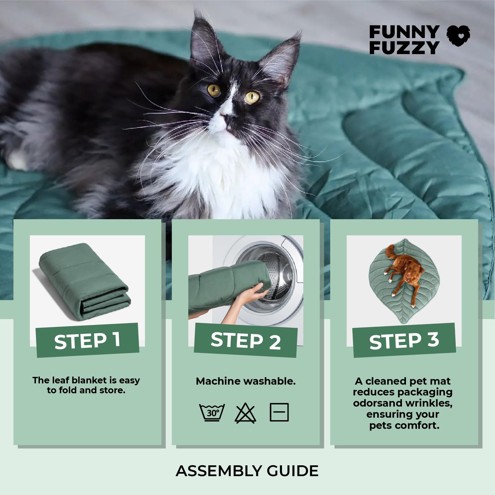 FUNNY FUZZY Coperta per cani e gatti, 106 x 142 cm, con motivo a foglie, lavabile in lavatrice, su entrambi i lati, per letto, divano, pavimenti, mobili, colore: verde olmo