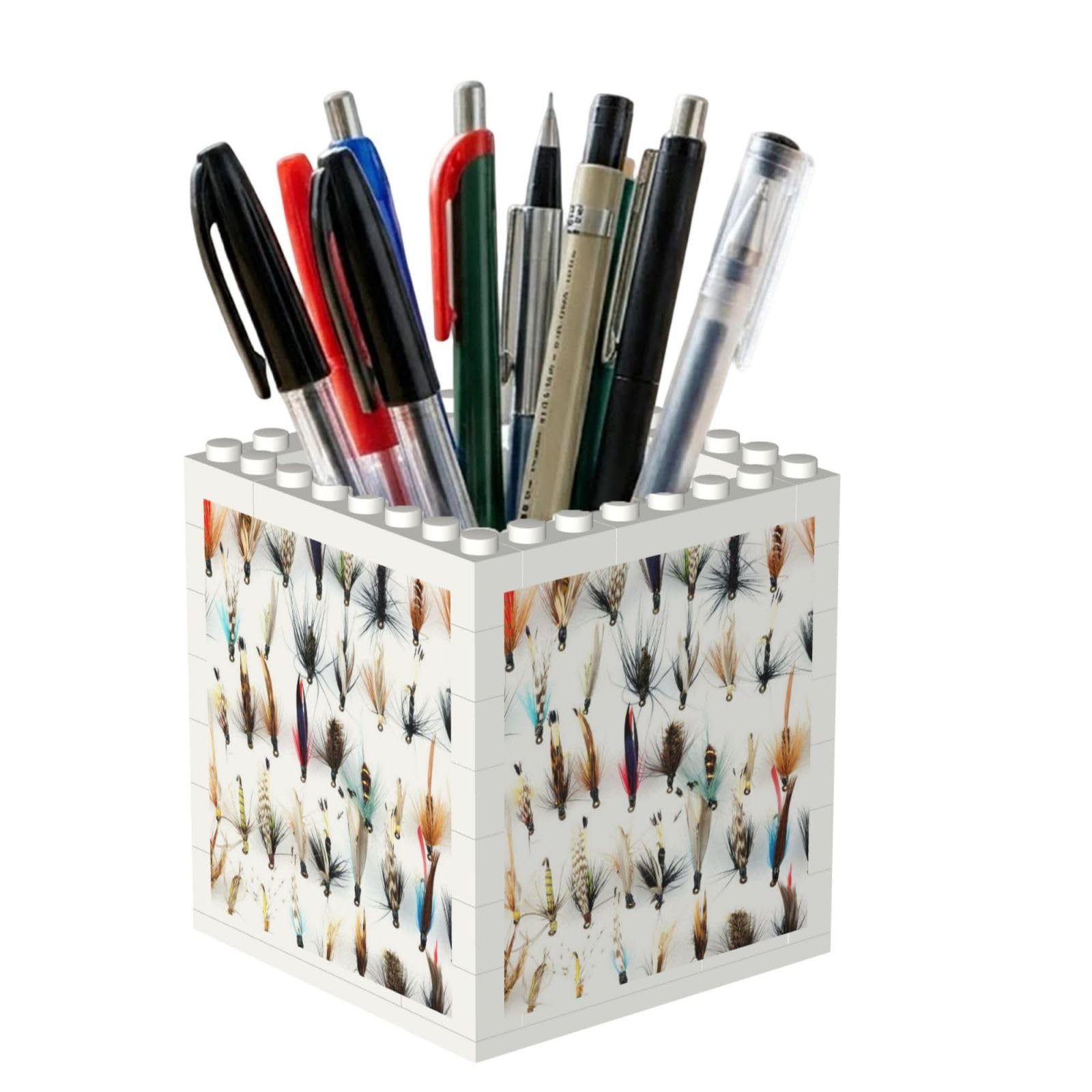Poadnly White Fish Selection Of Traditional Trout Fishing Flies, Pen Pot Pencil Holder for Office Home School, Compact Desk Organiser for Office Stationery