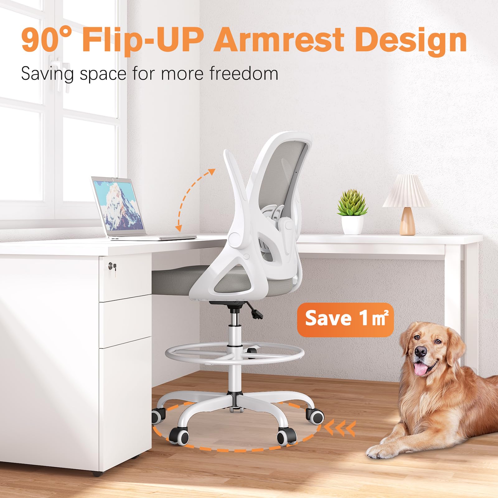 Silla de dibujo alta con soporte lumbar y anillo para reposapiés, silla de escritorio ergonómica de altura extendida para trabajo en casa, silla de oficina de malla transpirable con brazos 4