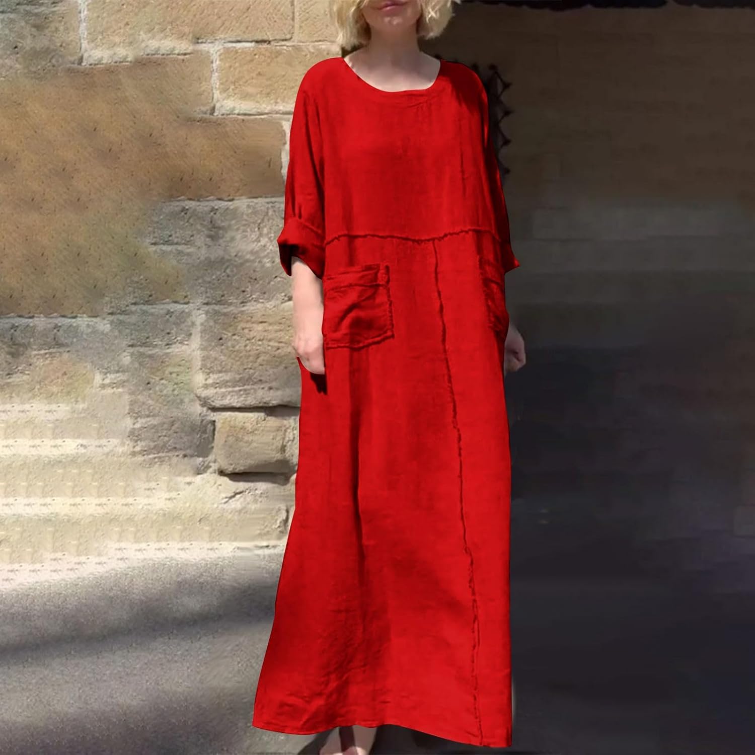 Patchwork Cotton Dress for Women Crew Neck Long Sleeve Maxi Dresses with Pockets Summer Fashion Casual Plus Size - Image 2