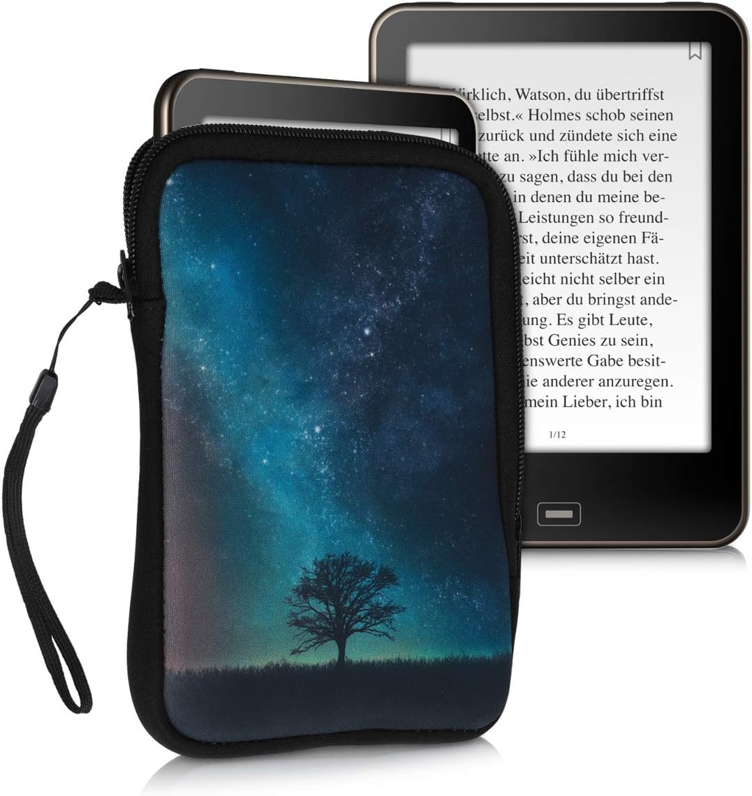kwmobile Neoprene e-Reader Pouch Size 6" eReader - Universal eBook Sleeve Case with Zipper, Wrist Strap - Blue/Grey/Black 6" eReader Cosmic Nature blue / grey / black