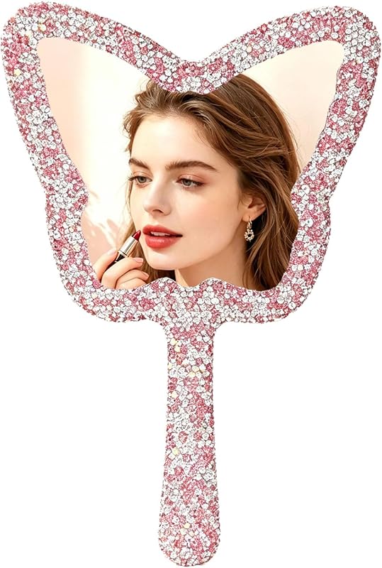 Espelho de mão Frinnovan em formato de coração, com cabo e detalhes em strass, Butterfly-pink, branco